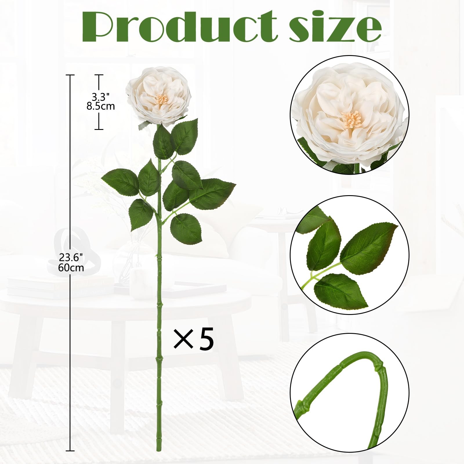 5Pcs Real Touch Peonies Austin Roses Artificial Flowers 23.6 Inch Long Stem F…