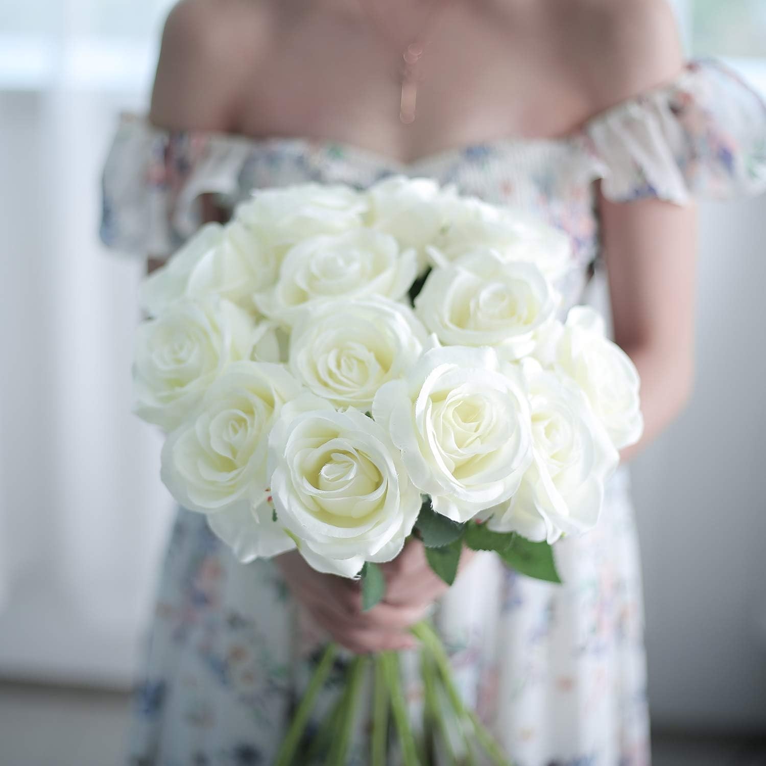 20× Artificial White Roses Fake Flower Silk Single Stems Real Touch Gift 20″ USA