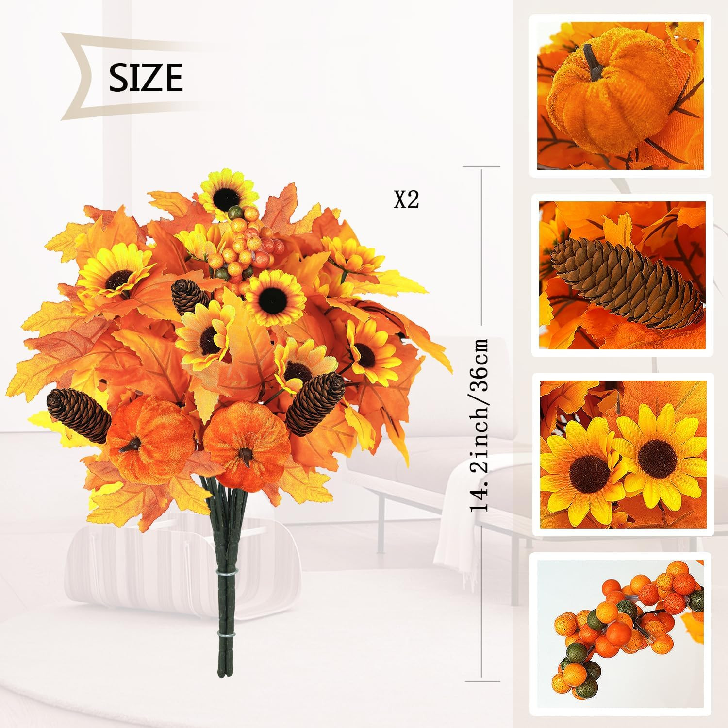 2PCS Fall Artificial Flowers Decoration Maple Leaf Stem Pumpkin Branch Sunflower