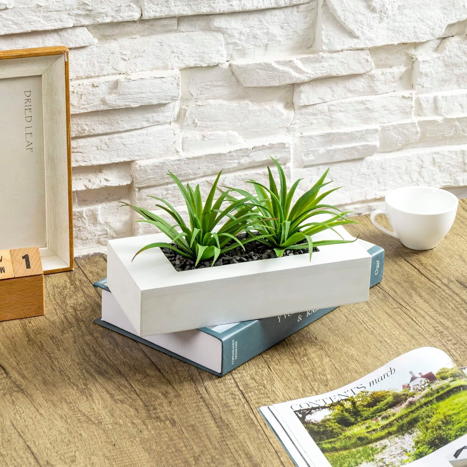 10 Inch Artificial Green Grass Plants in White Wood Decorative Planter Pot