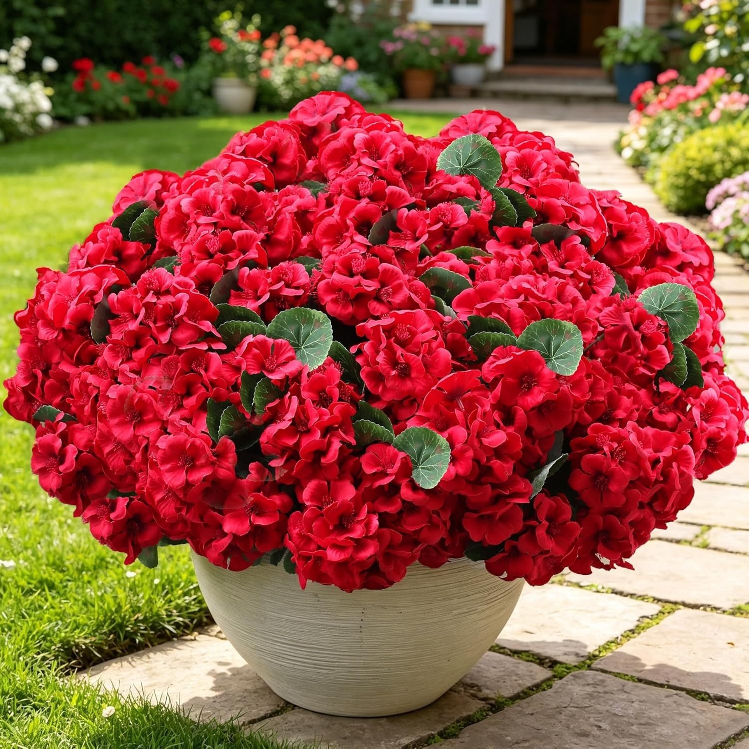 Elegant 6 Bunches of UV Resistant Red Geraniums – Forever Fresh Outdoor Decor