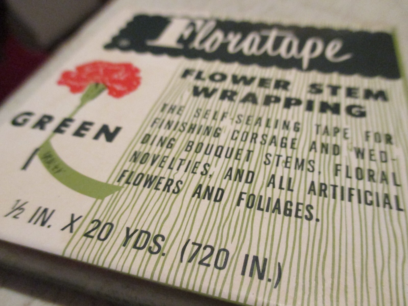 Vintage Floratape Flower Stem Wrapping, NOS, Green, 1/2×20 Yds, American Can Co.