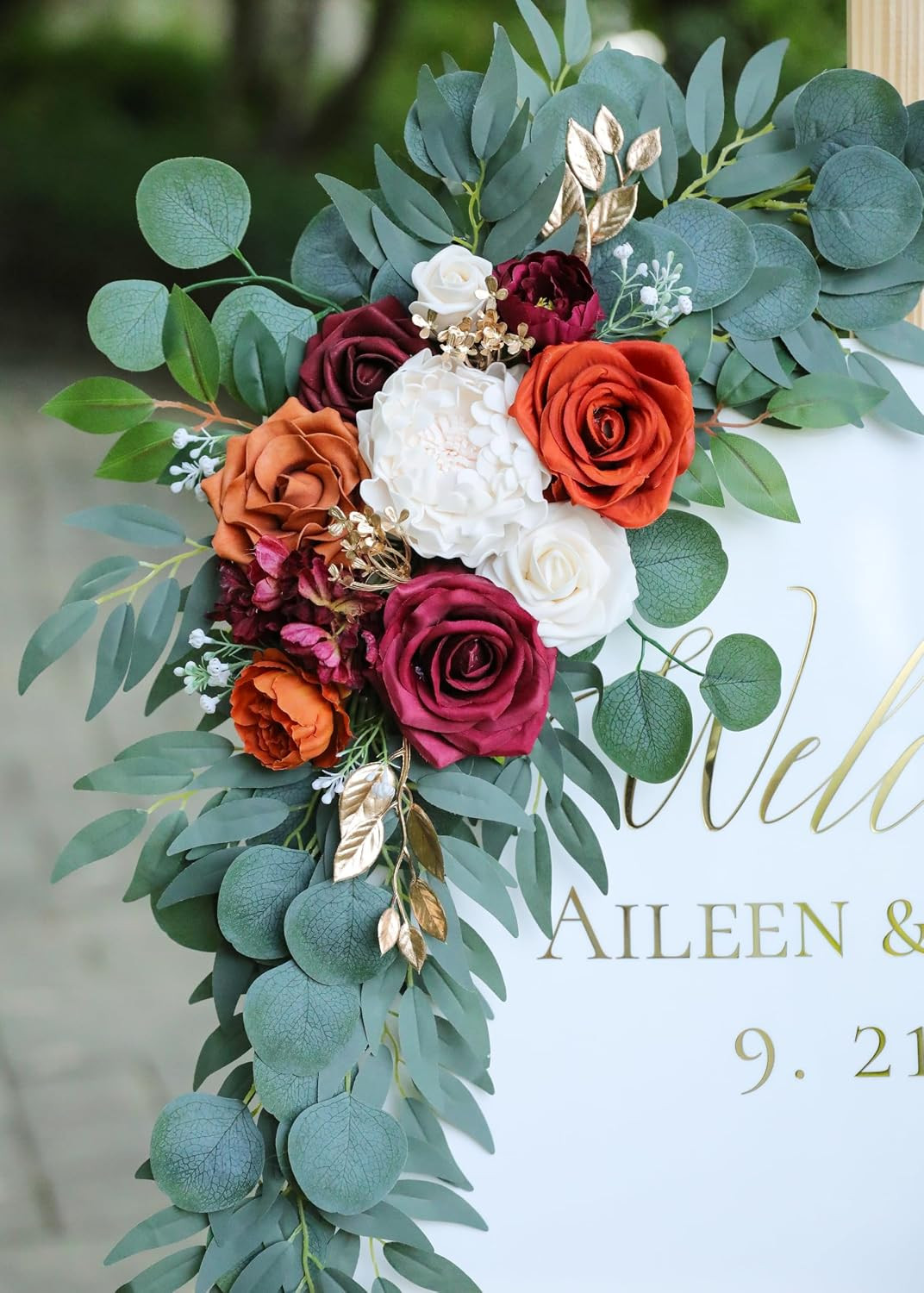Burnt Orange Wedding Arch Flowers Swags Set of 2 with Burgundy Roses