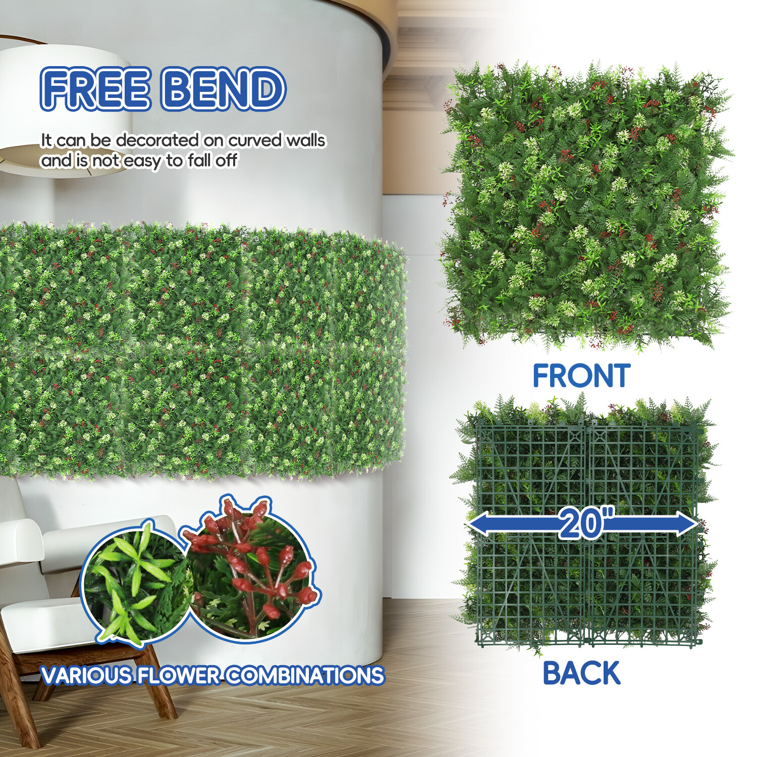 20″ Artificial Faux 3D Mix Leaves Wall Panel Fence Screen Home Outdoor Decor #16