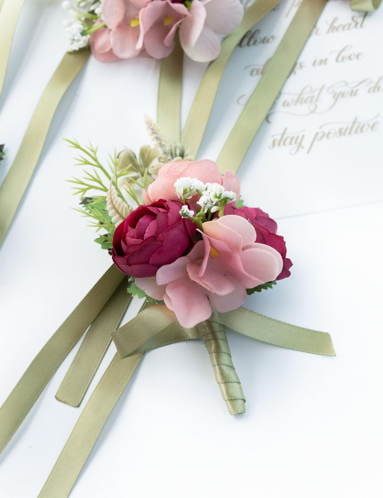 2 PCS Wrist Corsage Boutonniere Set Wedding Bridesmaid Artificial Roses Red