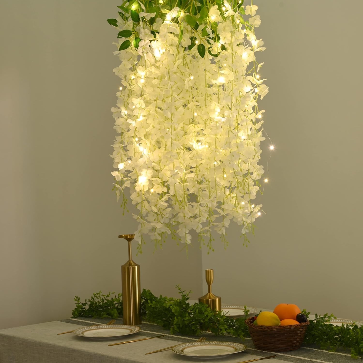 24Pcs White Fake Wisteria Hanging Flowers with Lights, 3.6Ft/Pcs Artificial Wist