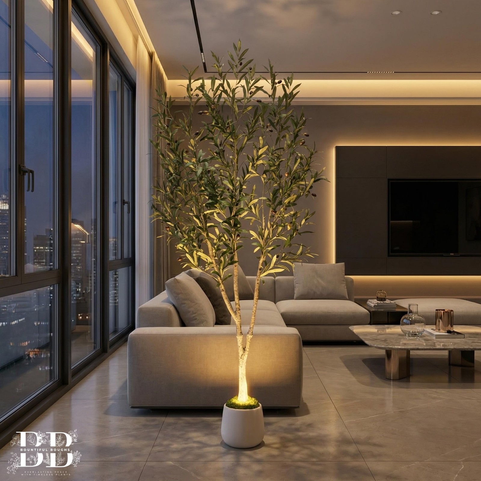 6ft (180 cm) Artificial Olive Tree with White Pot, Moss & USB LED – 943 Leave…