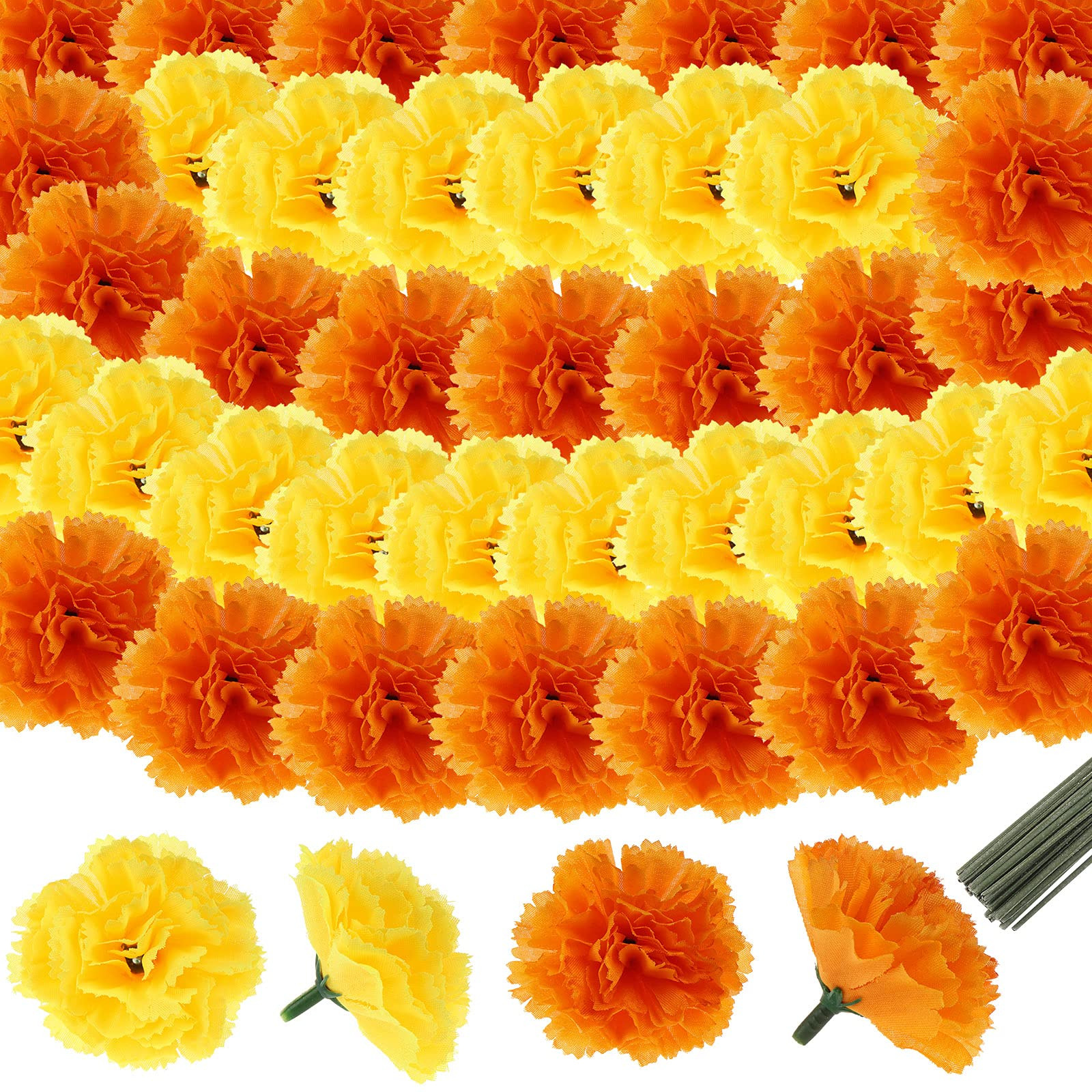 Artificial Marigold Flower Heads Bulk Bunch Fake Halloween with Stems for Par