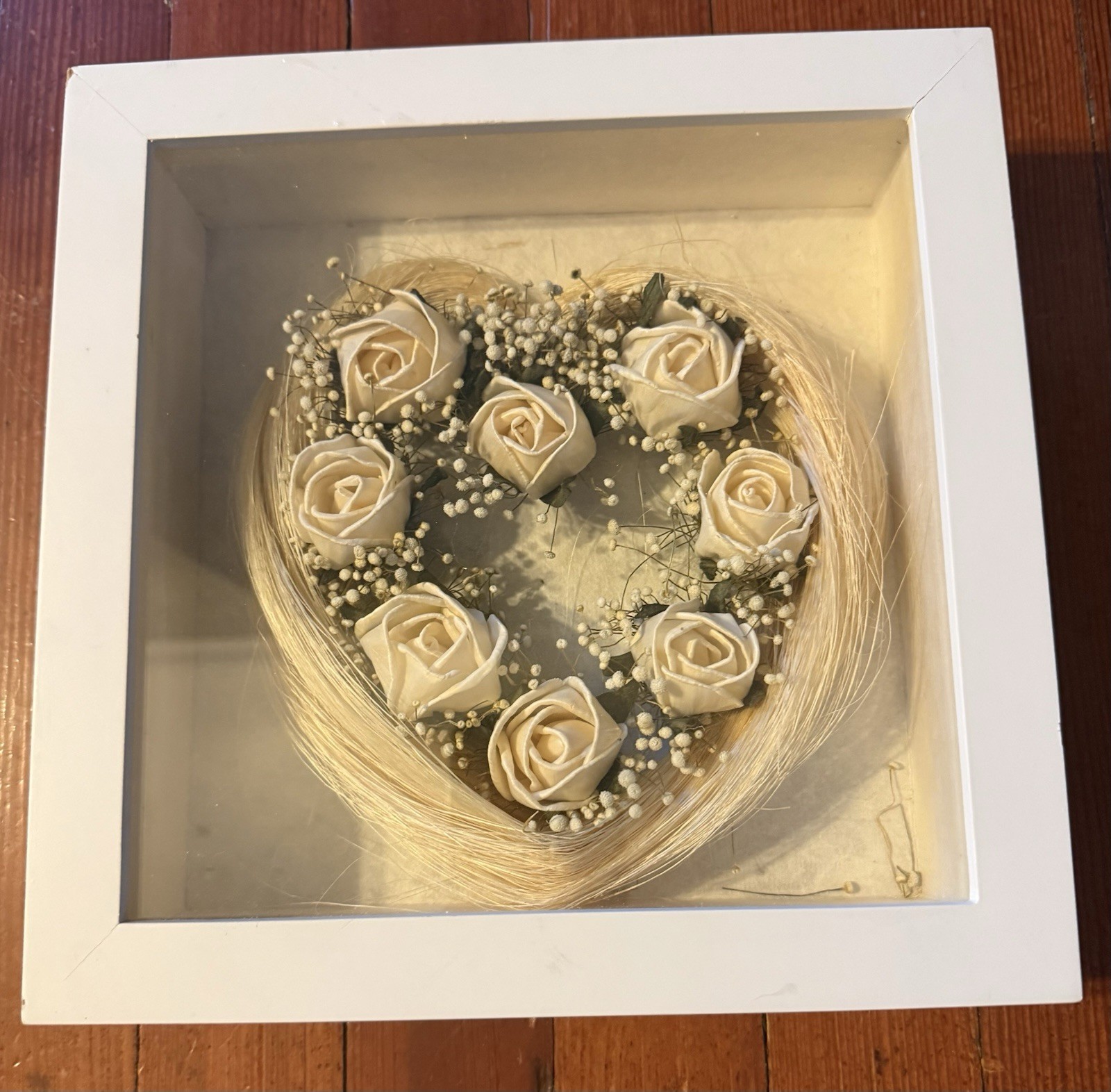Set of 2 Vintage Shadow Box Floral Heart Wall Art Pink &Ivory Roses Framed Decor