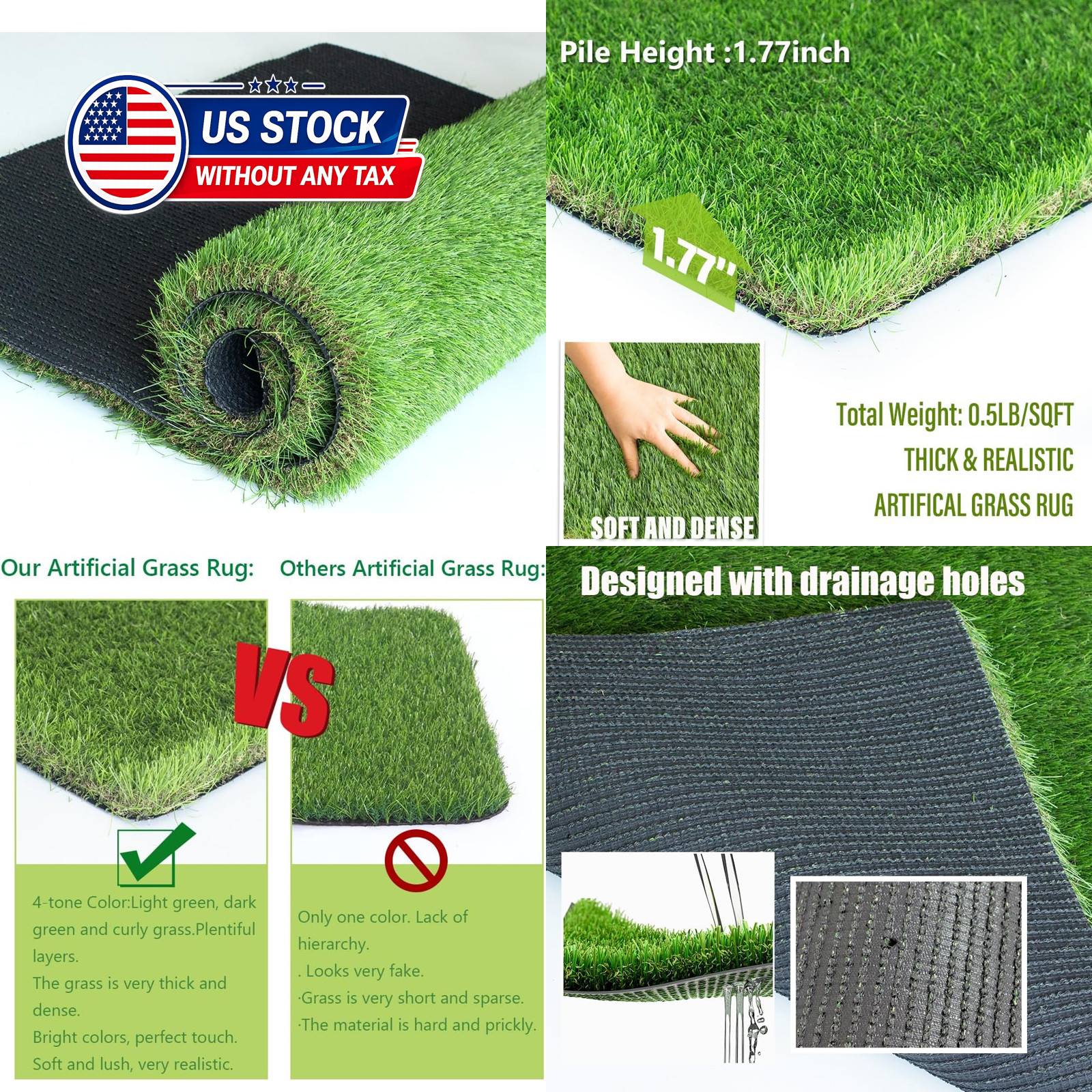 Thick Artificial Grass Turf 7x15FT, 1.77 Inch Realistic Fake Grass Rug with