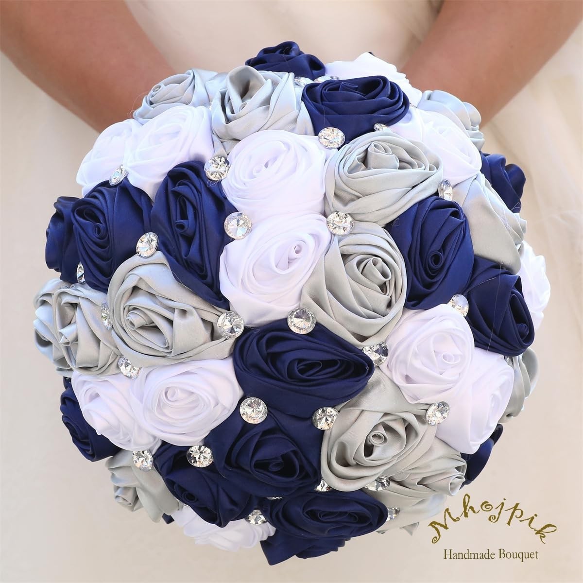 7.5 Inch Navy Blue Silver White Bridal Wedding Bouquet Round Holding