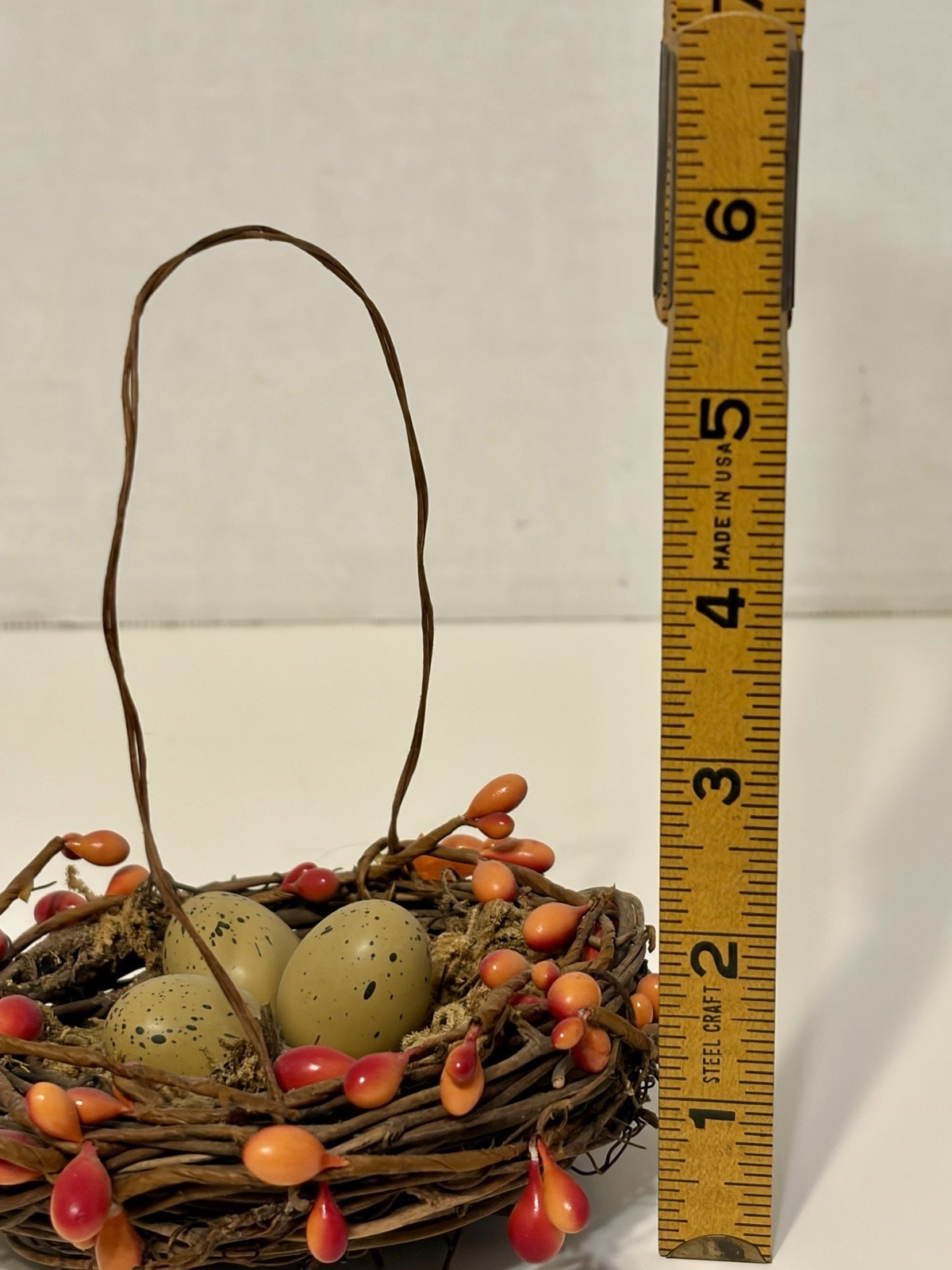 twig bird nest basket featuring faux eggs, , and moss Easter Decor Eggs Nest Vtg