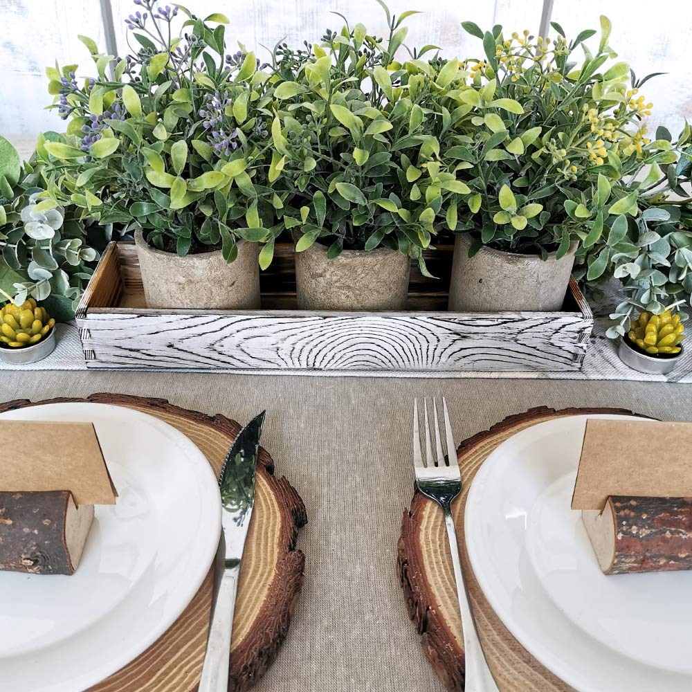 Mini Artificial Potted Plants Seeded Boxwood Greenery Wood Planter 3 Set