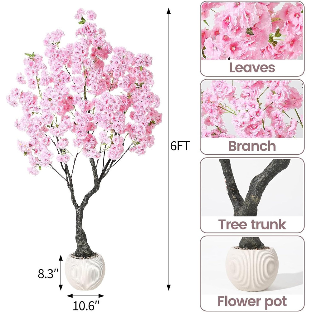 6FT Artificial Cherry Blossom Tree: Pink Faux Flower Tree for Home Wedding Decor