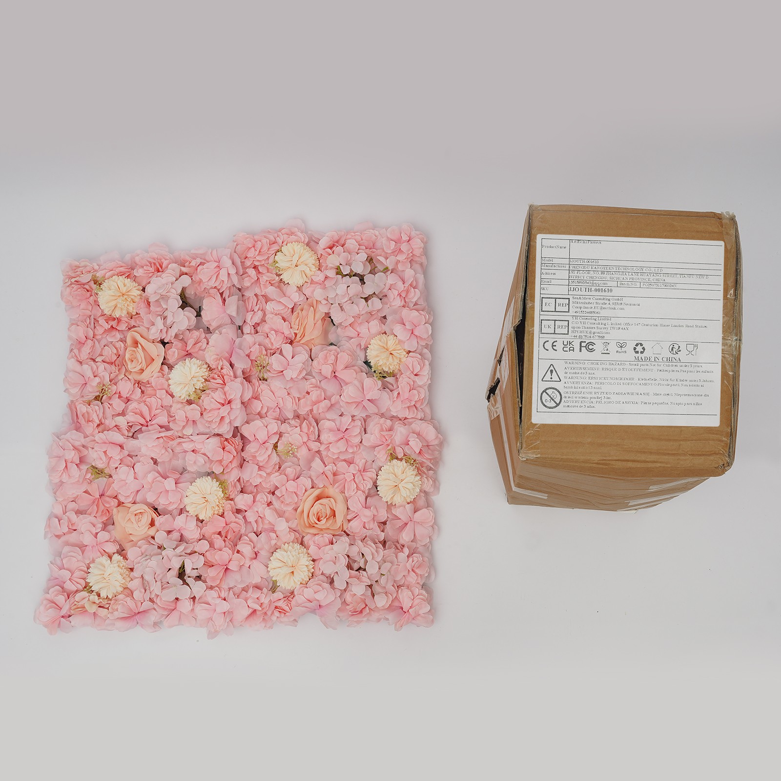 16 PCS Flower Wall Panels Light Pink Square Artificial Flowers Wall Decoration