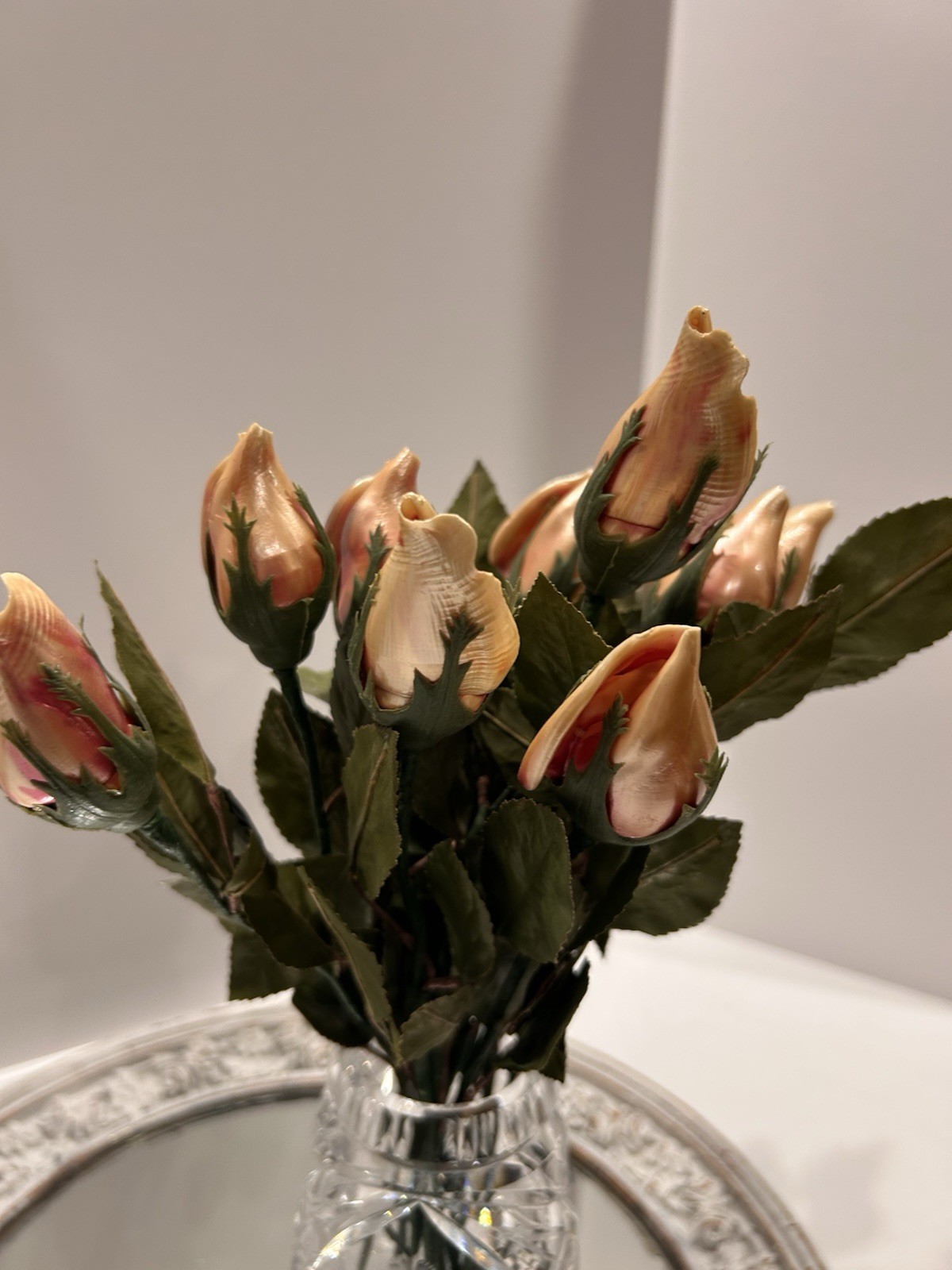 Handmade Hand Painted Long Stem Sea Shell Rose Buds Realistic Bouquet 12