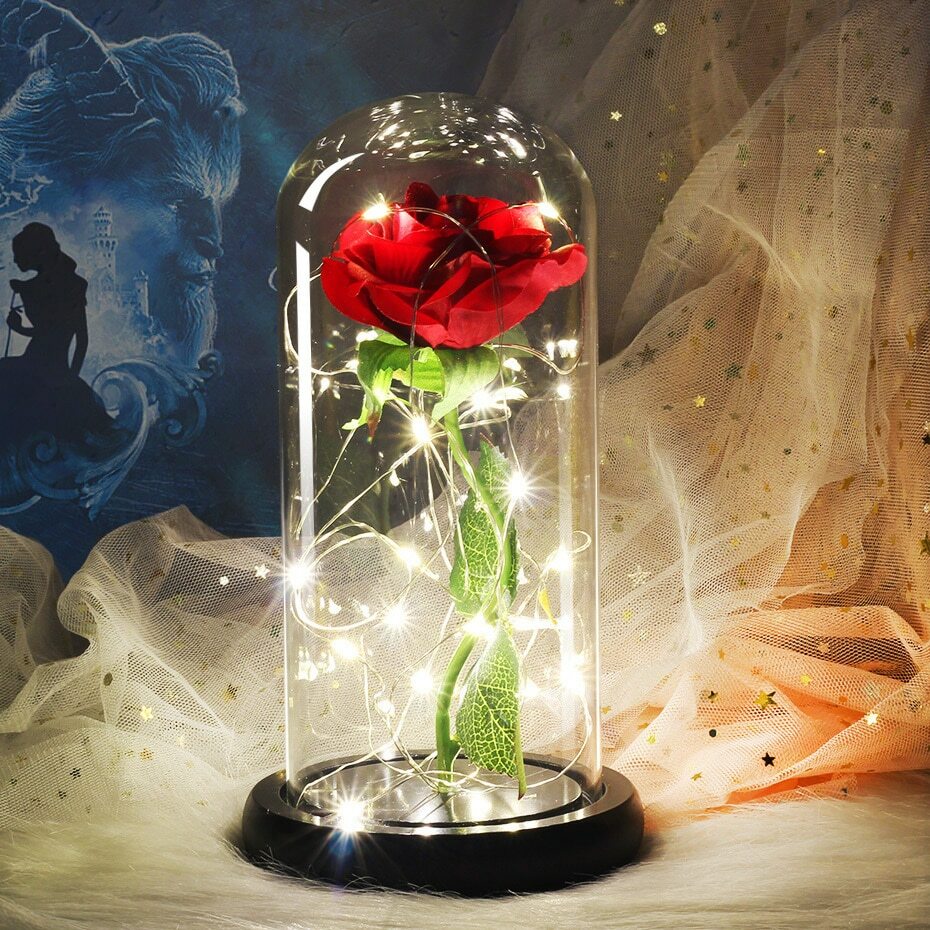 Red Rose In Crystal Clear Glass Dome with Soft White LED Lights – Color of Love