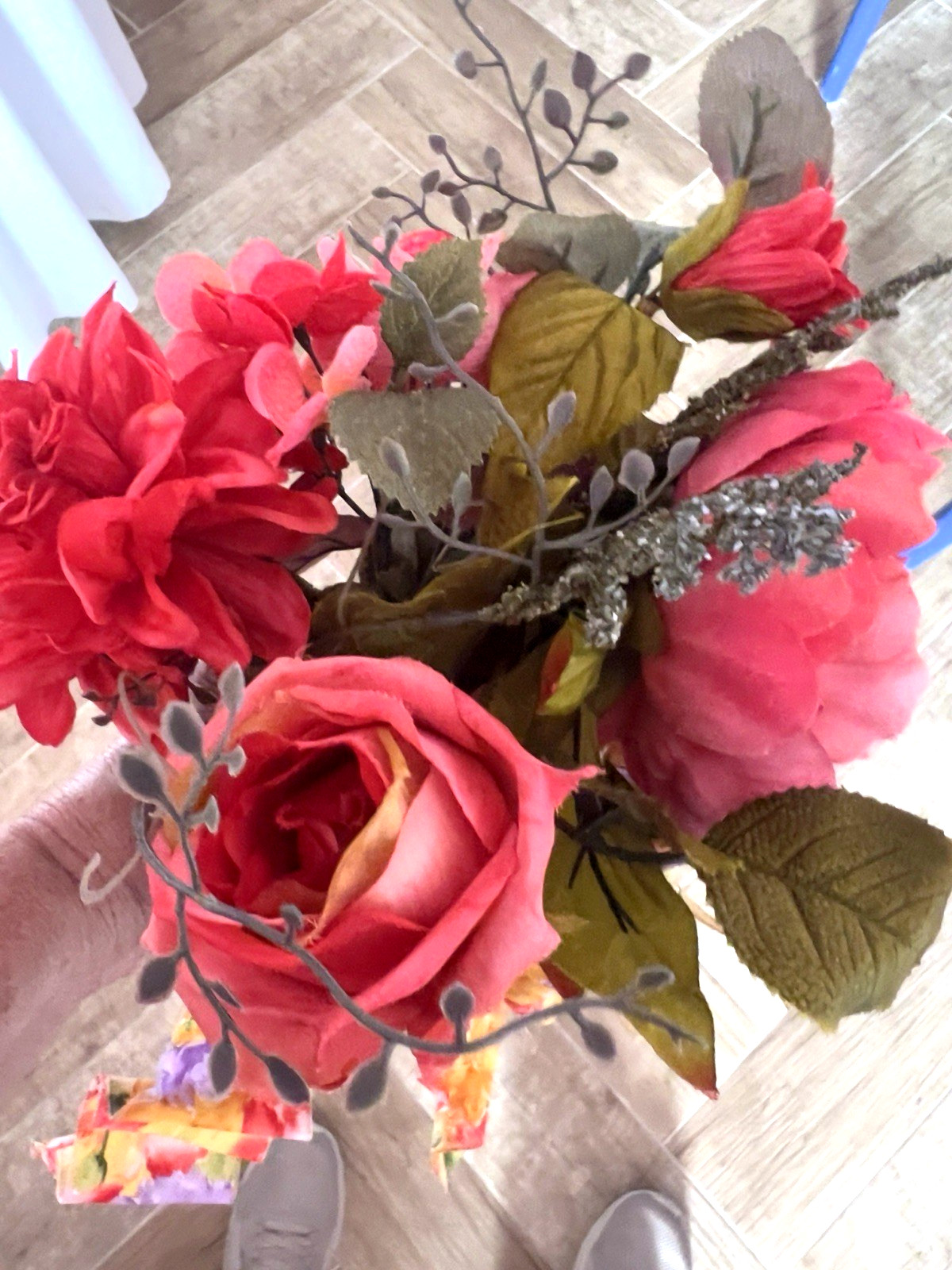 SPRING Flower BOUQUET Handmade Bow Coral Red Yellow Purple Peony Rose Zinnia