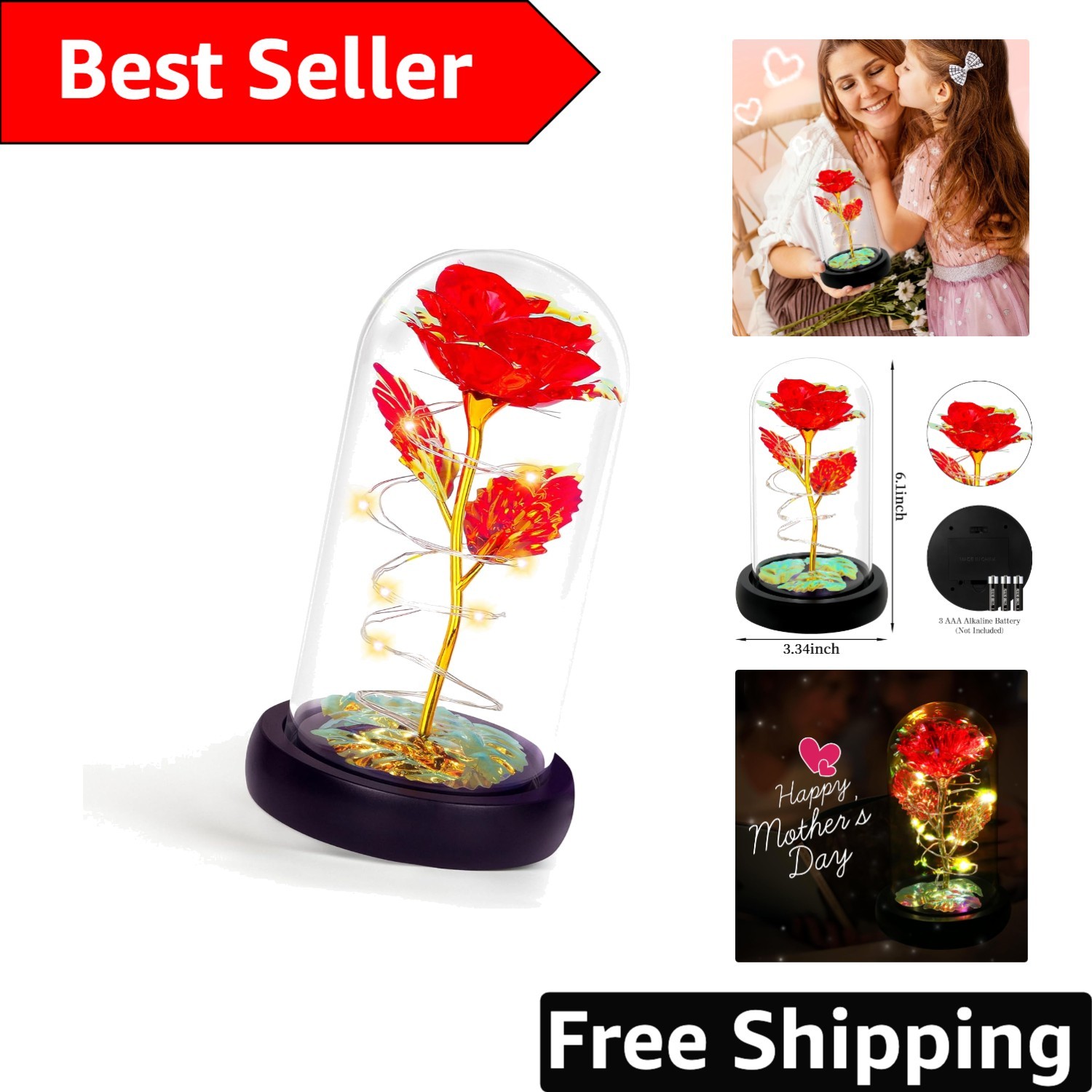 Beautiful Battery-Operated Light Up Rose in Glass Dome – Gifts Full of Love