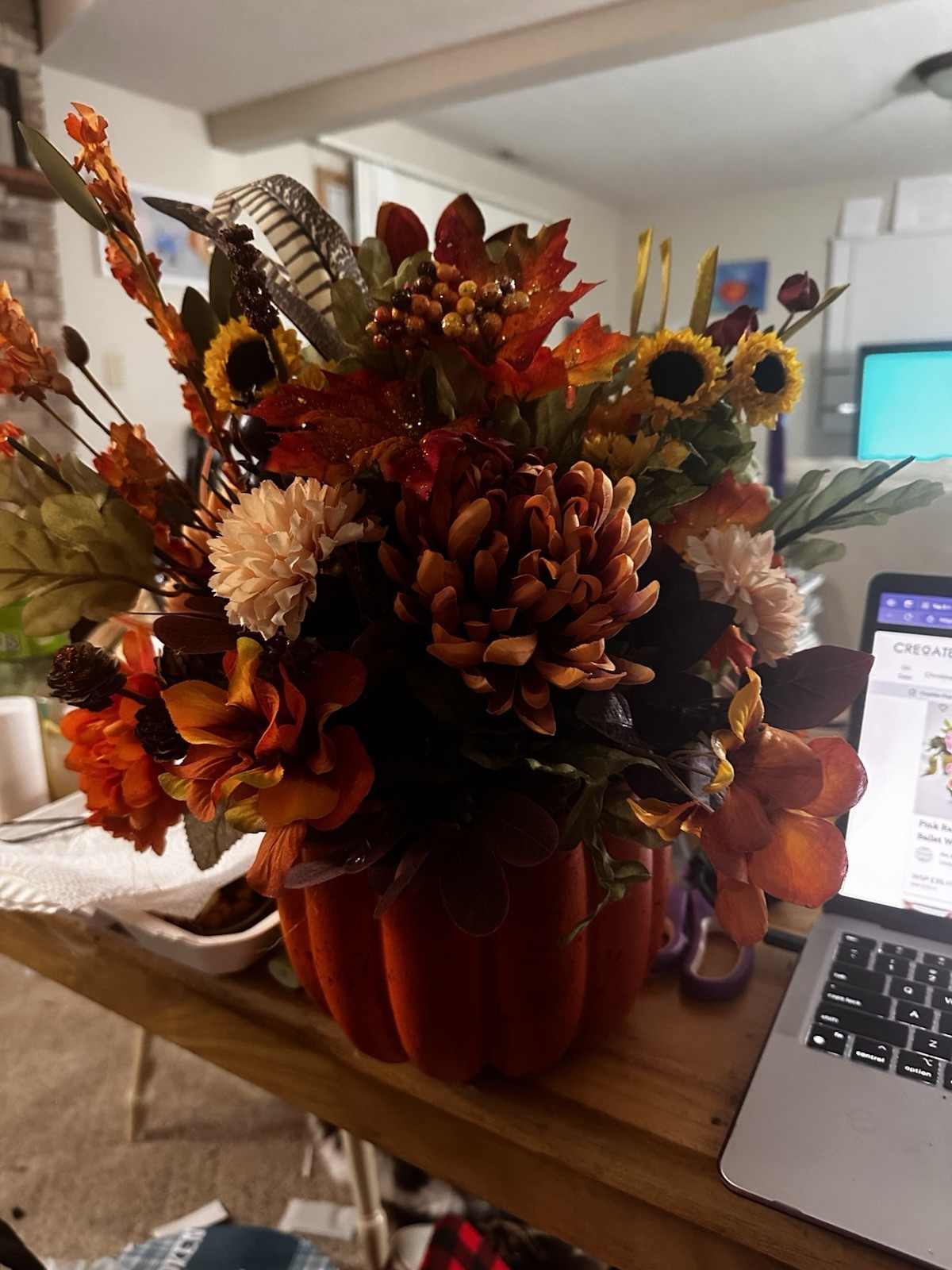 Fall Artificial Sunflower Floral Arrangement & Centerpiece in Orange Pumpkin