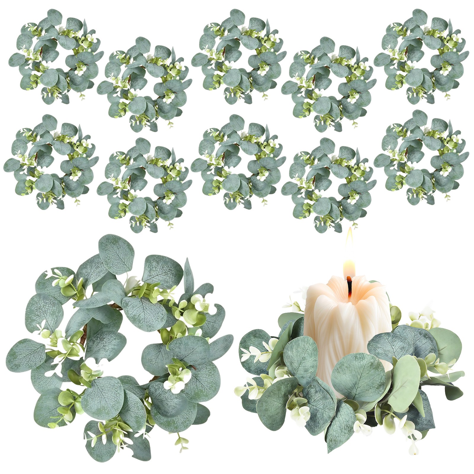 12 Pcs Candle Rings,Small 4″ Artificial Eucalyptus Wreaths,Wedding Table Decor