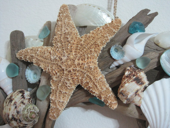 Beach Decor Handmade Seashell and Sugar Starfish Driftwood Wreath – Coastal Home