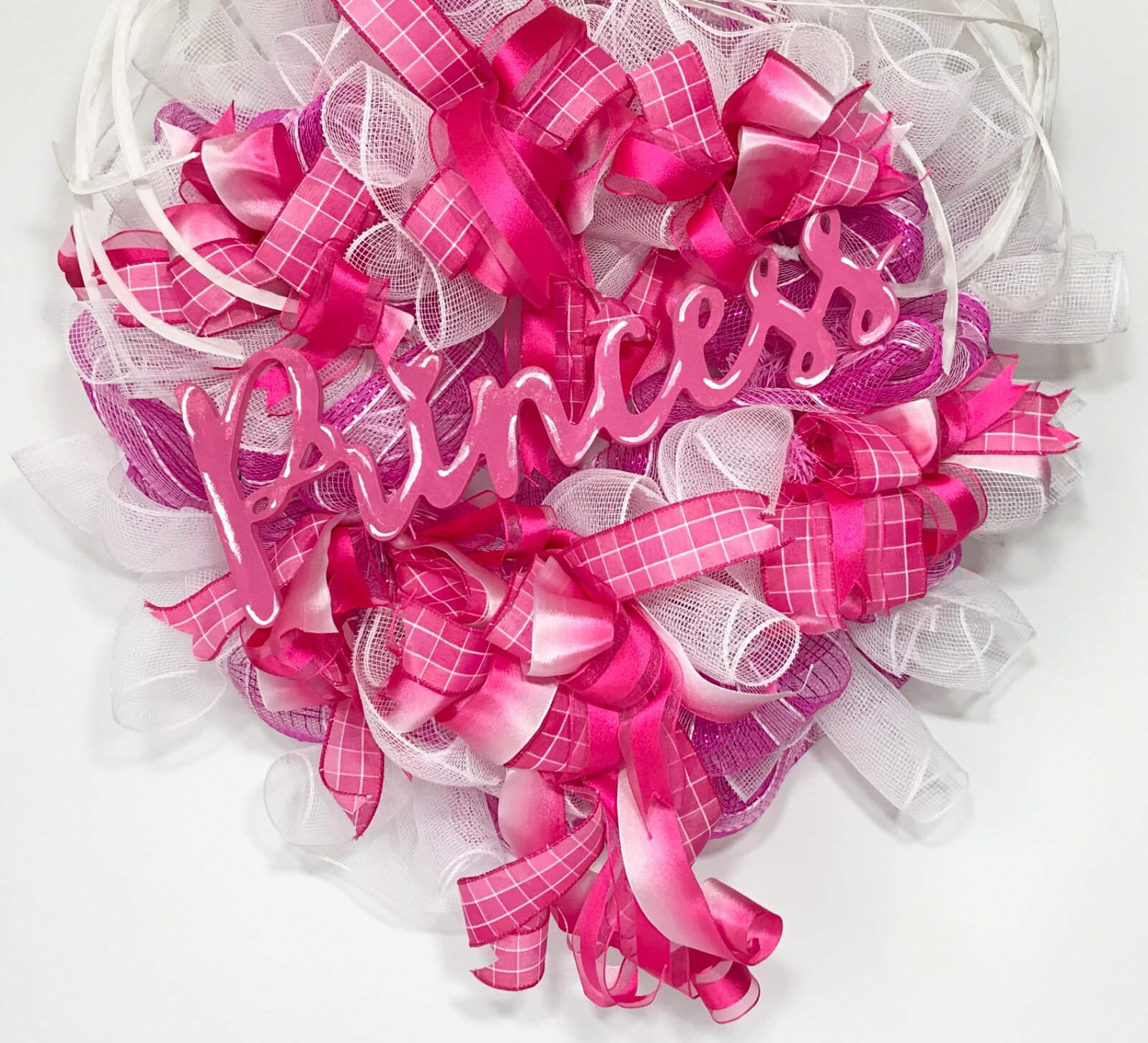 LARGE BRIGHT PINK WHITE DECO MESH PRINCESS WOOD SIGN DOOR WREATH GIRL ROOM NEW