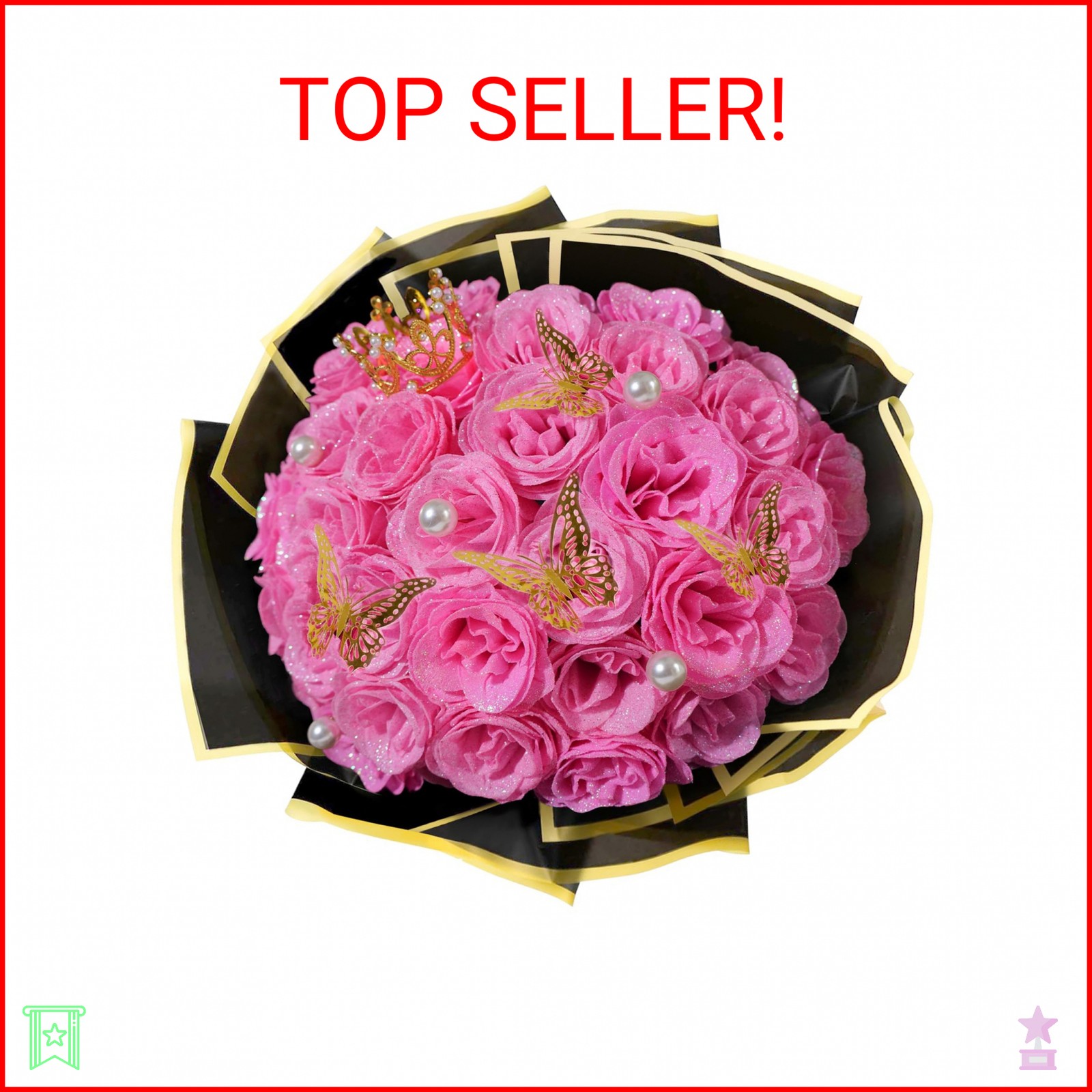 Pink Glitter Roses Bouquet, 24 Pcs Shiny Glitter Flowers Bouquet, Everlasting Ar