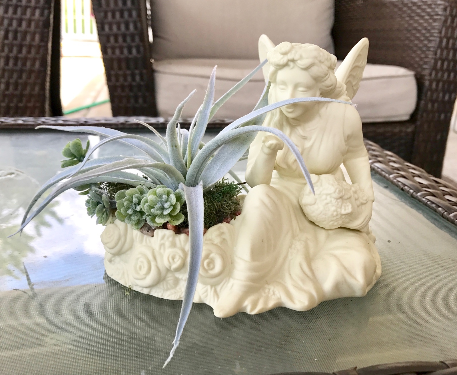 Decorative Ceramic White Seated Angel with Flower Basket Green Grass Succulent