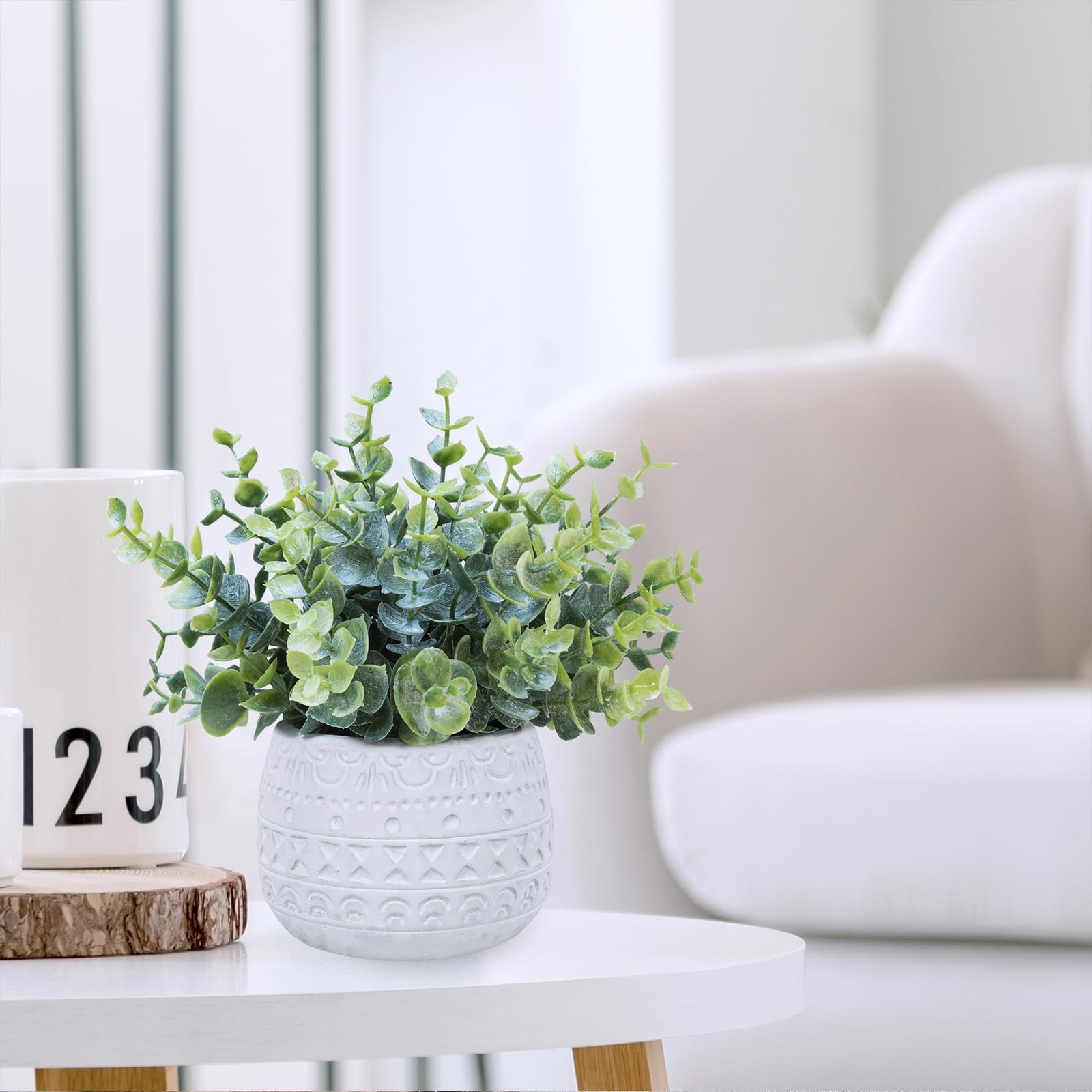 Set of 2 Small Artificial Potted Plants Faux Eucalyptus Plant in White Geomet…