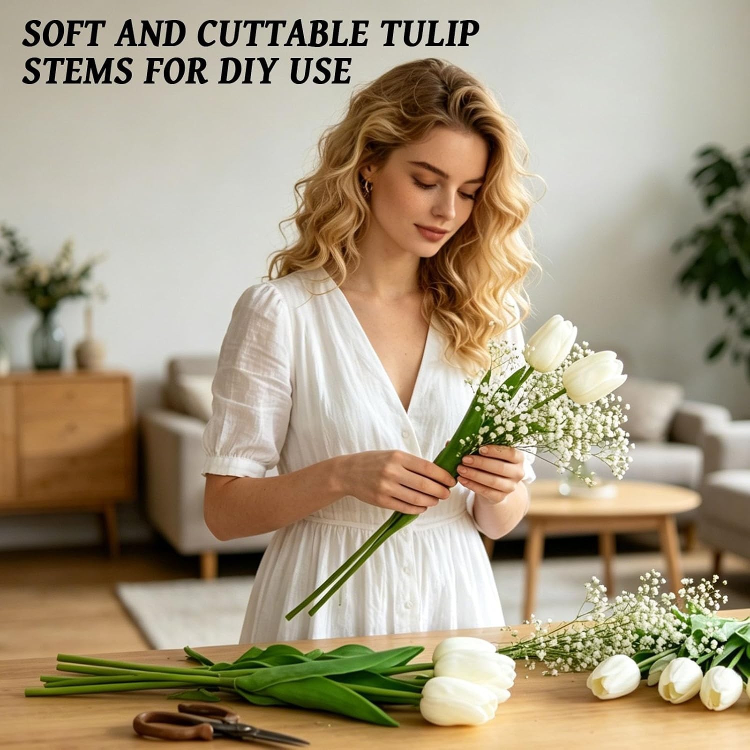 White Artificial Tulips Flowers,20 PCS PU Fake Tulips for Outdoors & Indoors,…