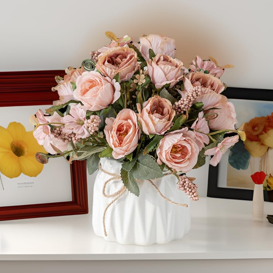 Faux Flowers with Vase,Artificial Silk Flowers in Ceramic Vase,Small Fake Flo…