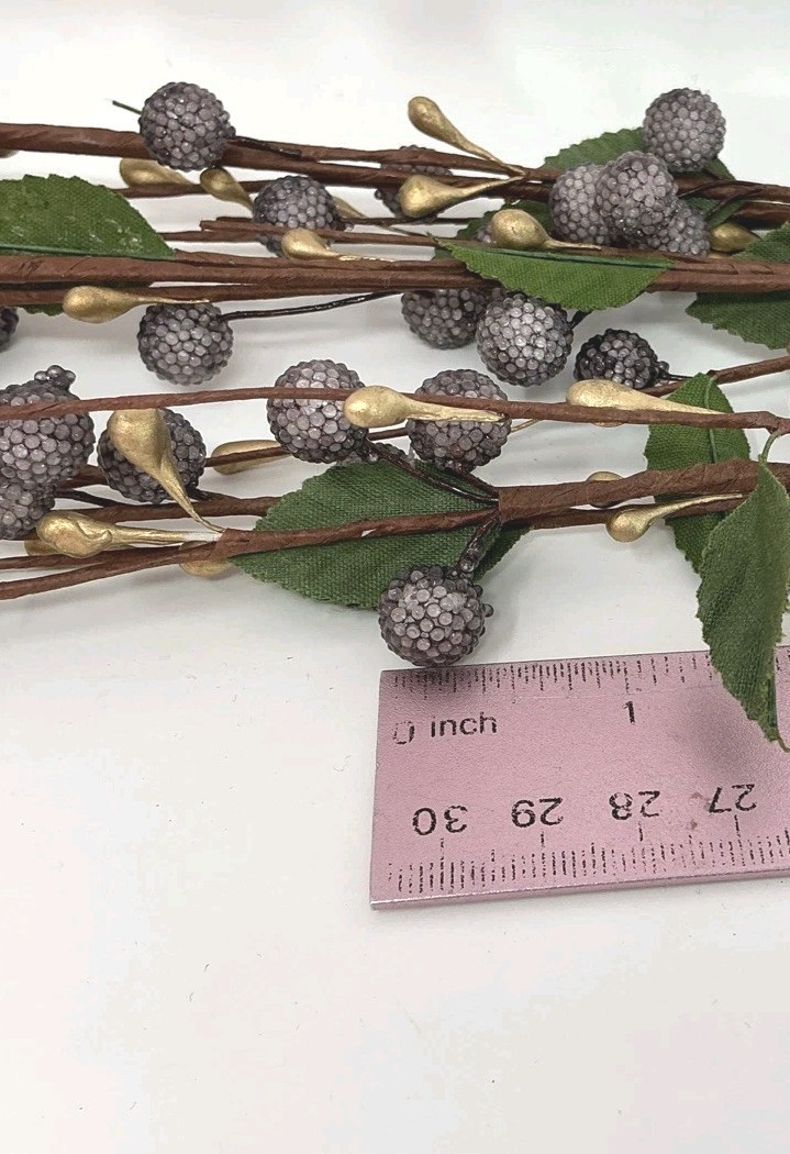 Sugared Berry Floral Pick 23” Purple and Gold Berries Green Leaves 3 Picks NOS