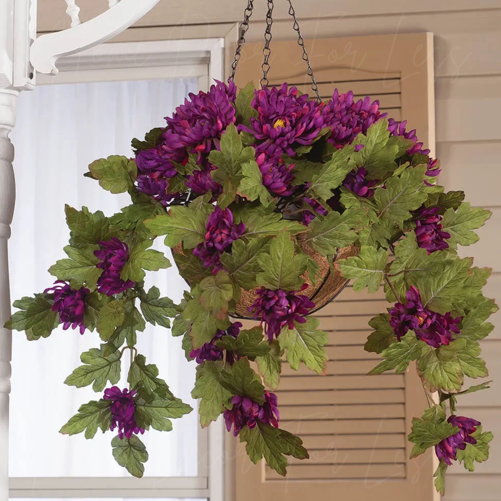Large Artificial Purple Mums Hanging Basket Indoor Outdoor Patio Garden Decor