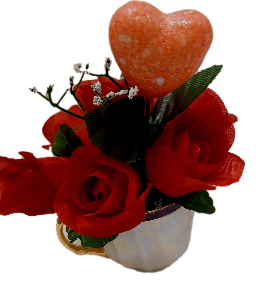 Red Rose Floral Arrangement Tea Cup POP-IN Sparkle Heart Bridal Valentine Love