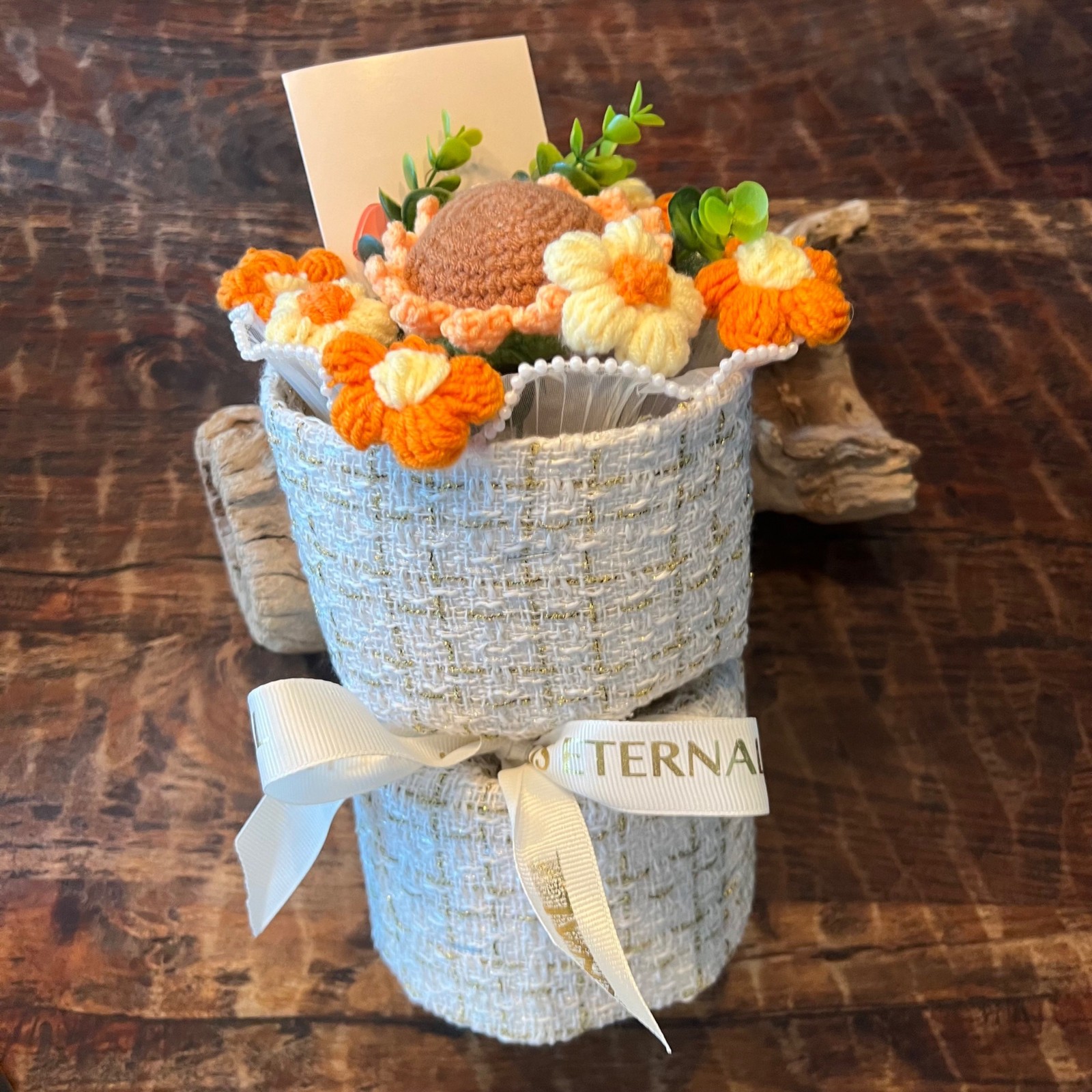 Crochet Flower Bouquet Gift With Orange & Yellow Blooms In Tweed Wrap & Gift Bag