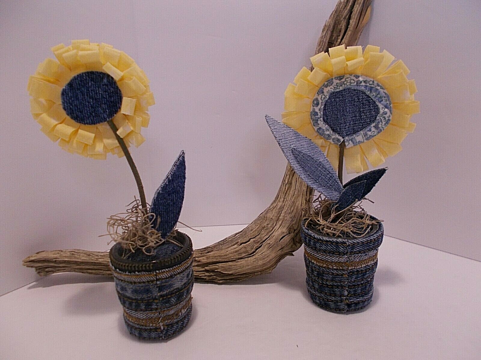 Fabric and Denim Sunflowers in Tiny Denim and Zipper Vases Set of 2 Handcrafted