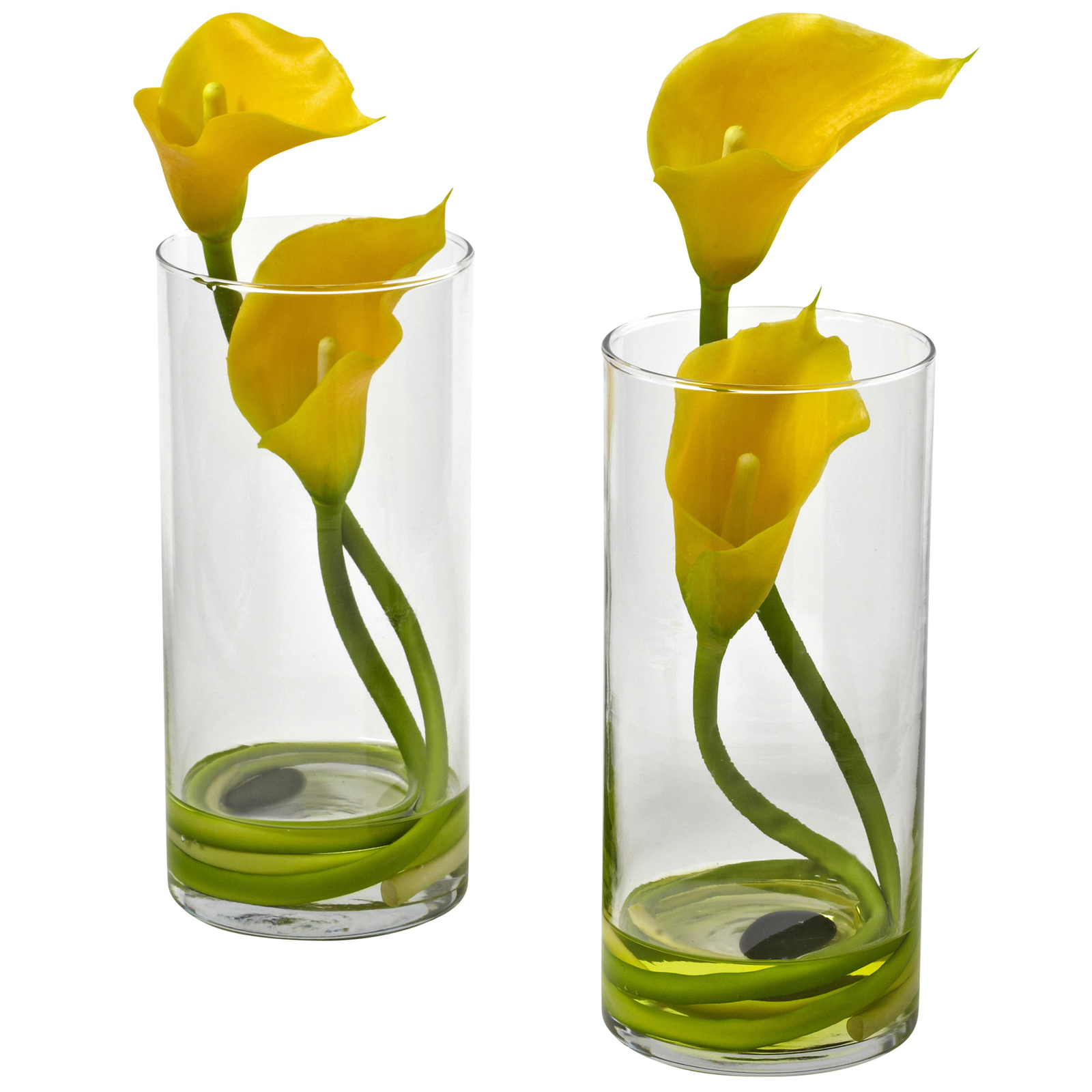 Yellow 2 Pcs Double Calla Lily in Liquid Illusion Cylinder Glass Vase Home Decor