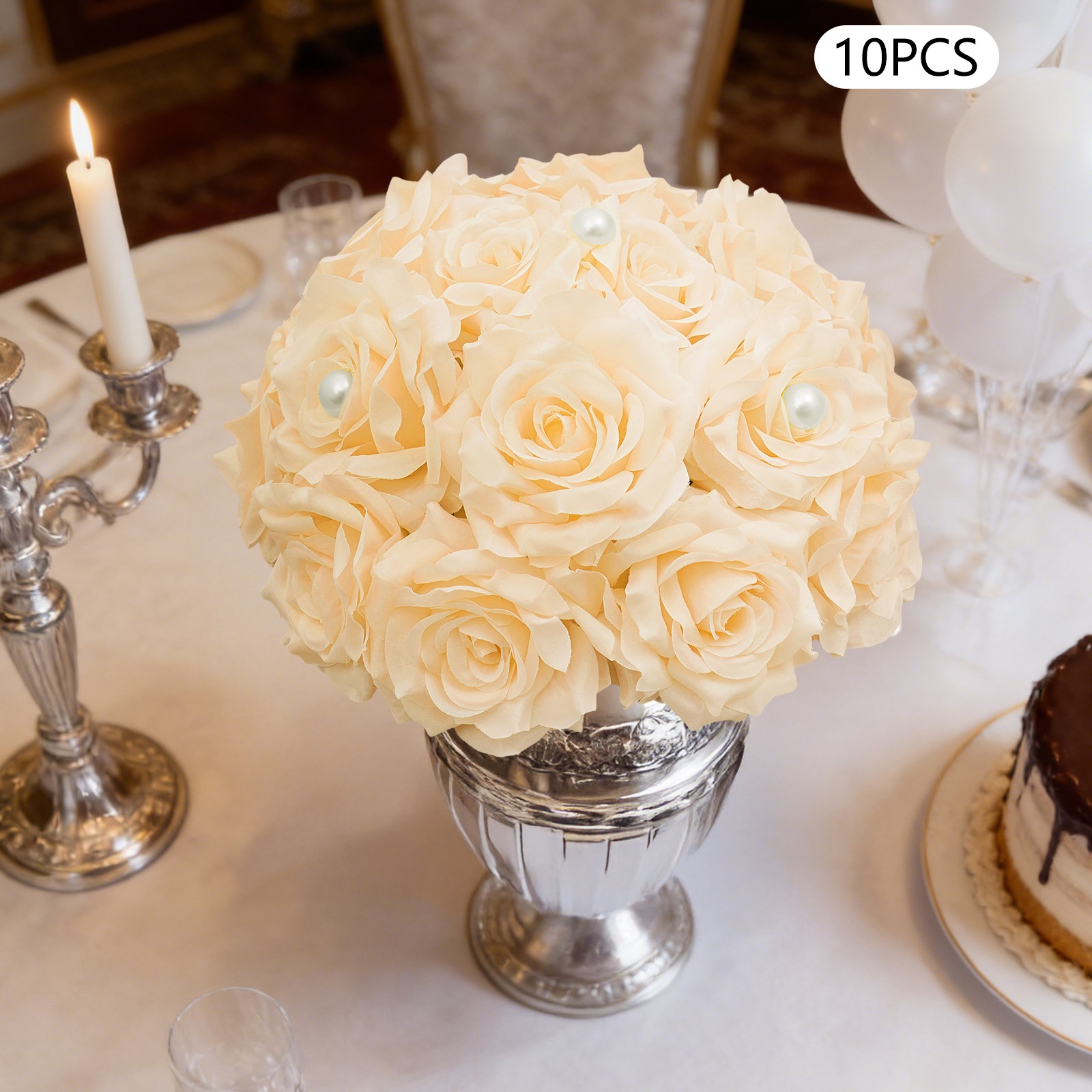10pcs Artificial Rose Flower Balls With Pearl, Table Flower Centerpieces Decor