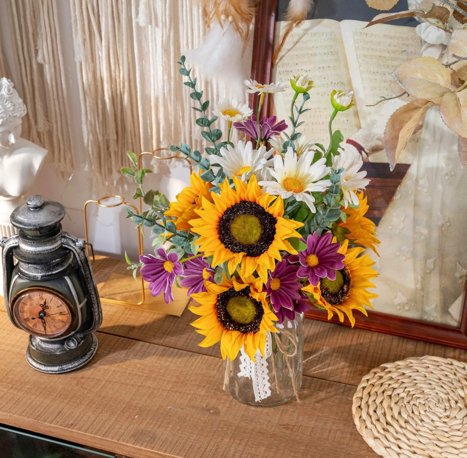 Artificial Sunflower, Daisy Bouquet, Vase, Faux Flowers, Centerpiece, Decor