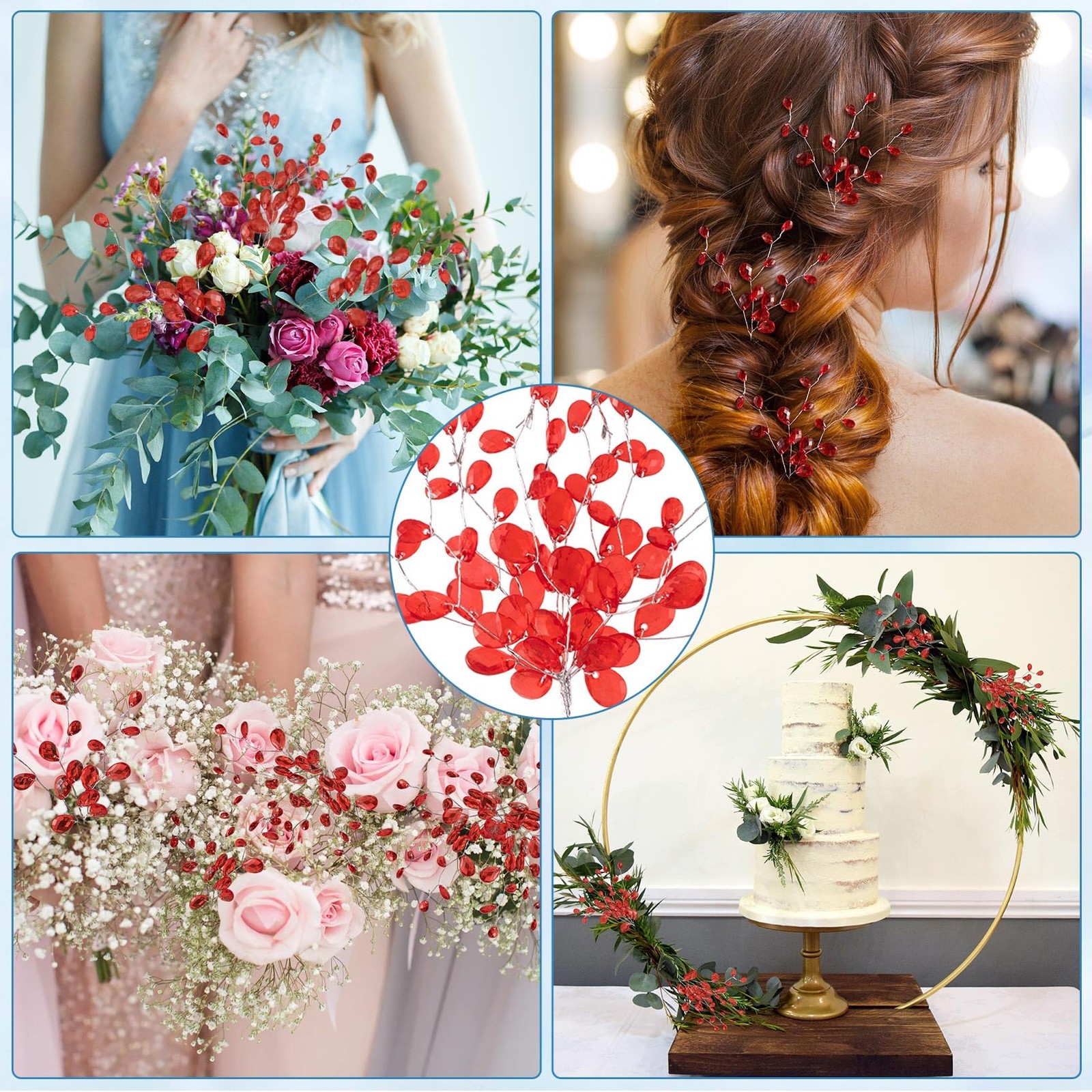25 PCS Red Acrylic Crystal Flower Branches Artificial Bead Drop Bouquets
