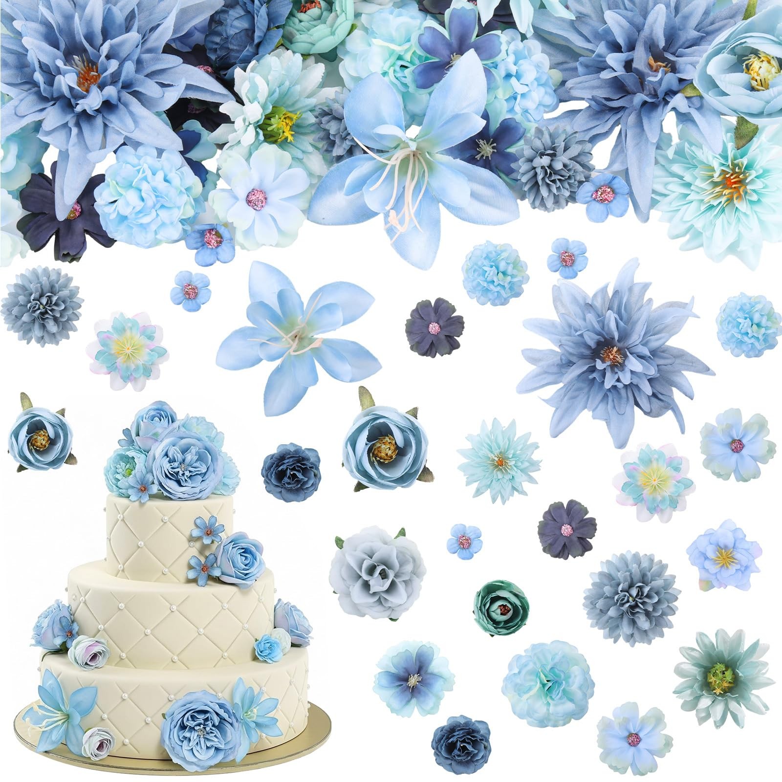 48 PCS Blue Fake Artificial Flower Heads Bulk Silk For Wedding Cake Crafts