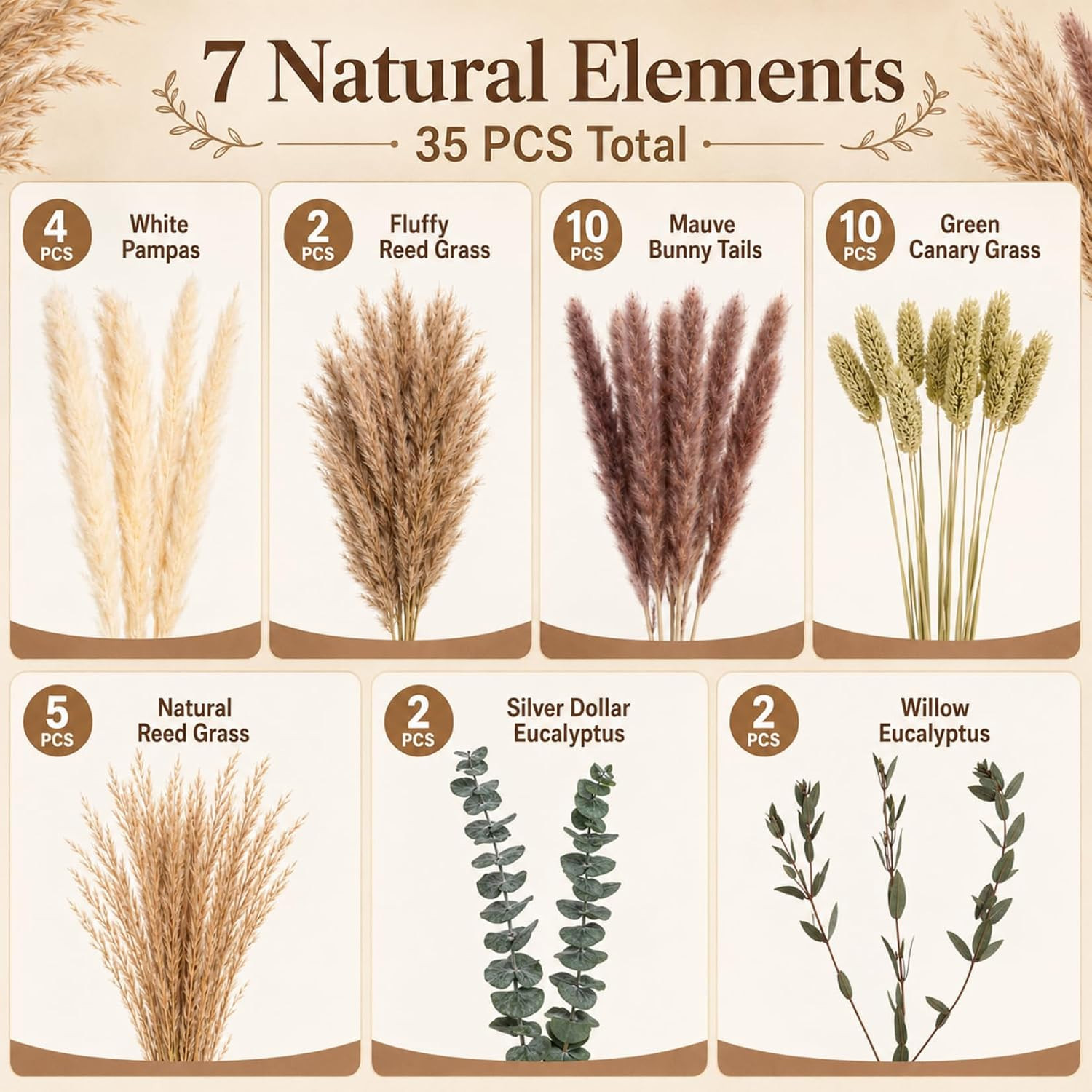 35PCS Dried Pampas Grass Decor – 7 Varieties Small Dried Flower | Dried Pampas G