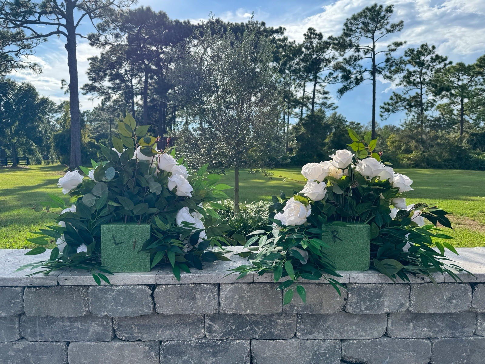 Faux Ivory Rose & Italian Ruscus Floral Arrangement x 2 Home Wedding Event Decor