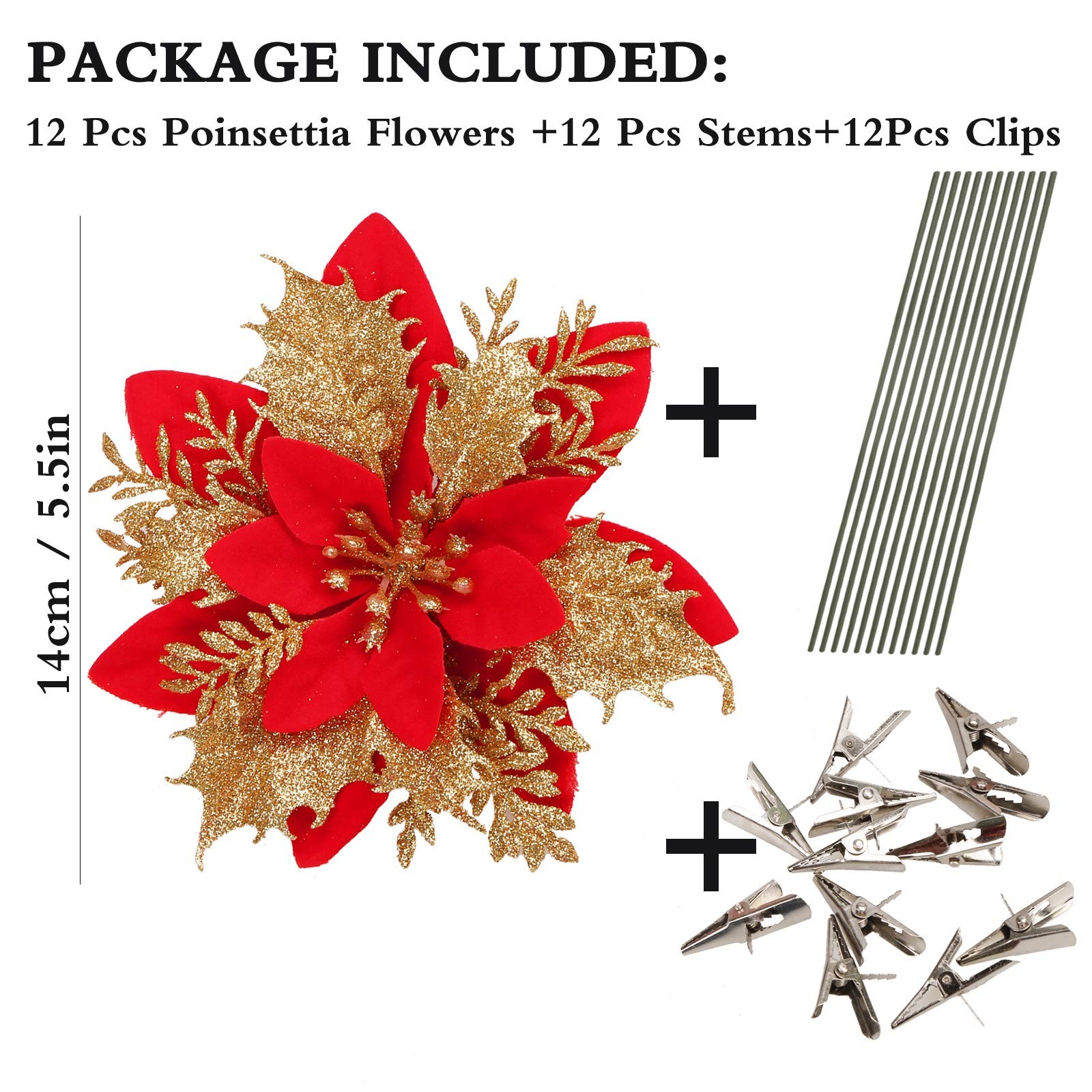 12 Pcs Glitter Poinsettia 5.5″ Artificial Flowers Christmas with Clips Stems …
