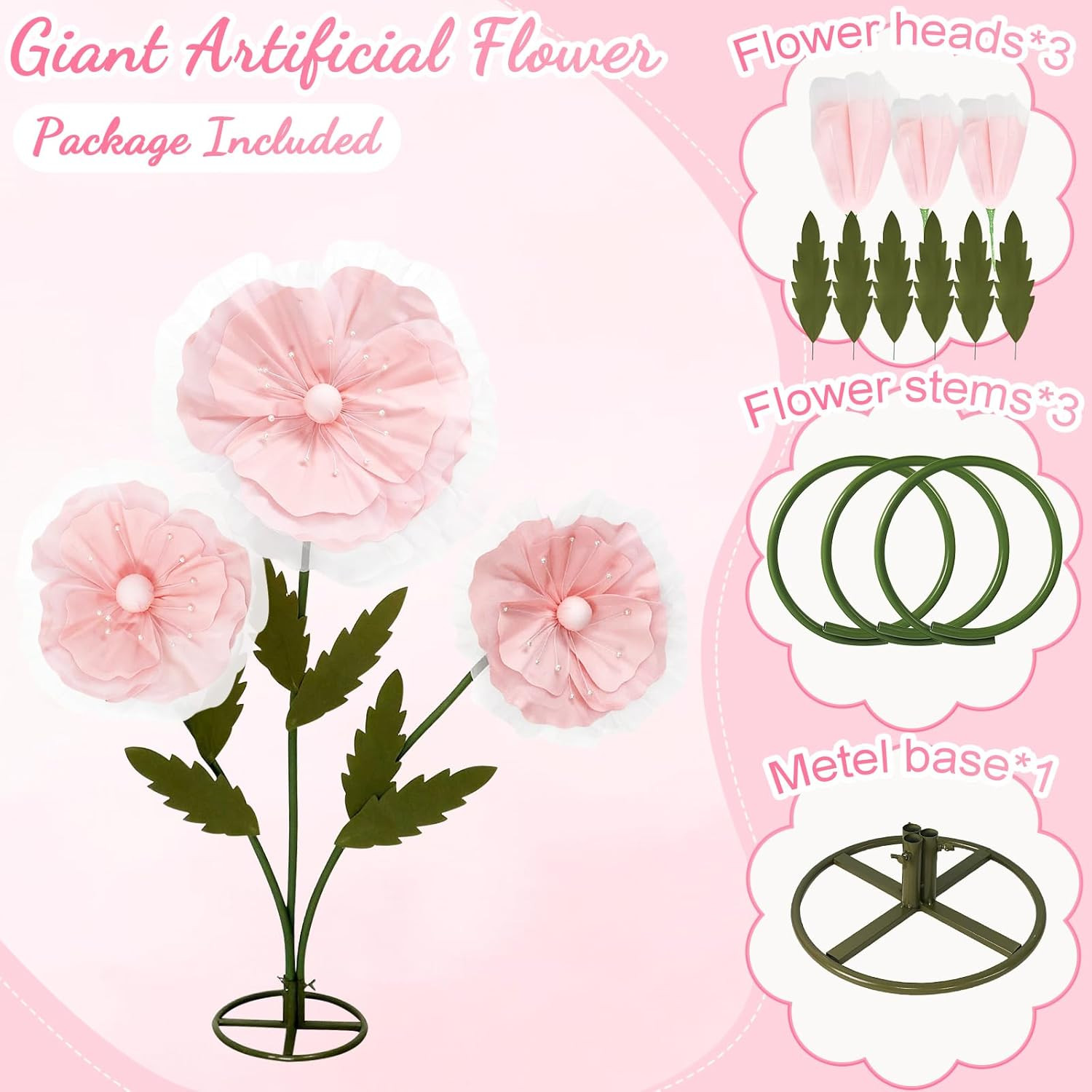 Giant Pink Silk Flowers – 3PCS 5.9Ft Decor for Weddings & Events