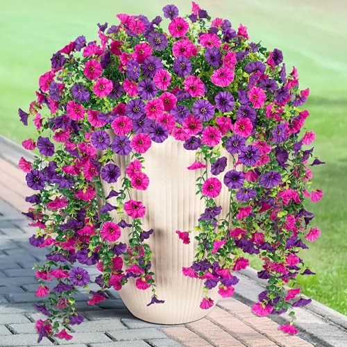 Artificial Hanging Petunias Flowers for Outdoor, 2pcs Dark Purple Light Purple