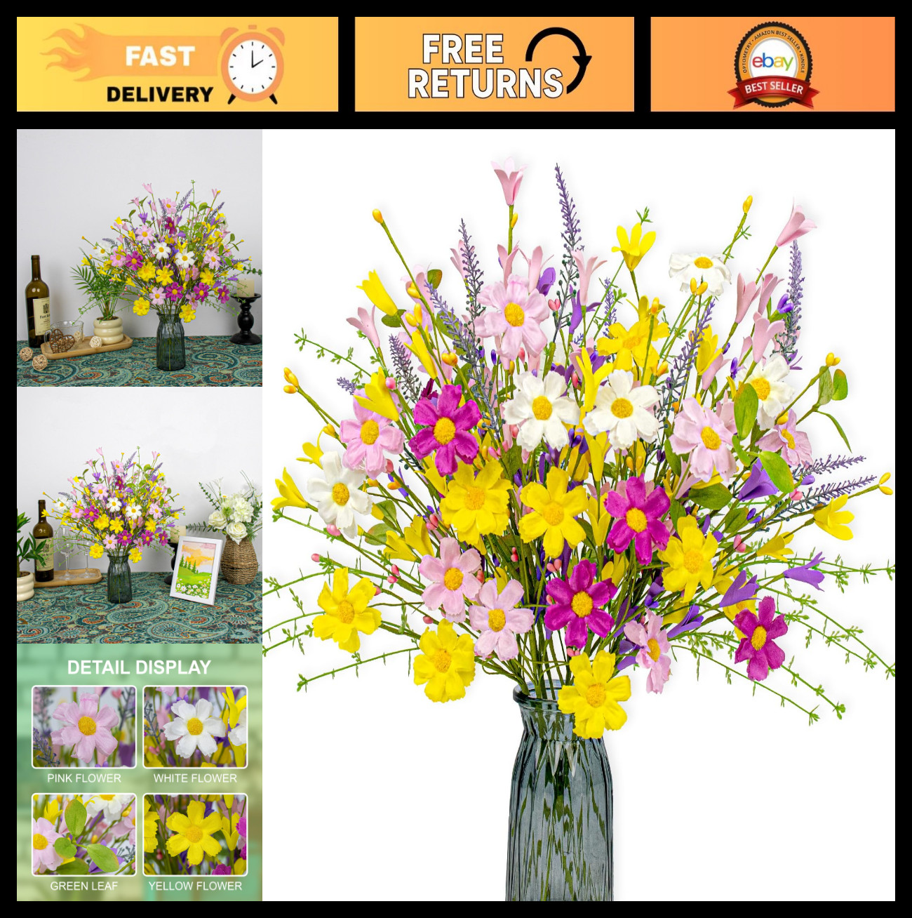 18 Pack Artificial Spring Flowers – 17″ Colorful Daisies & Forsythia Stems for A
