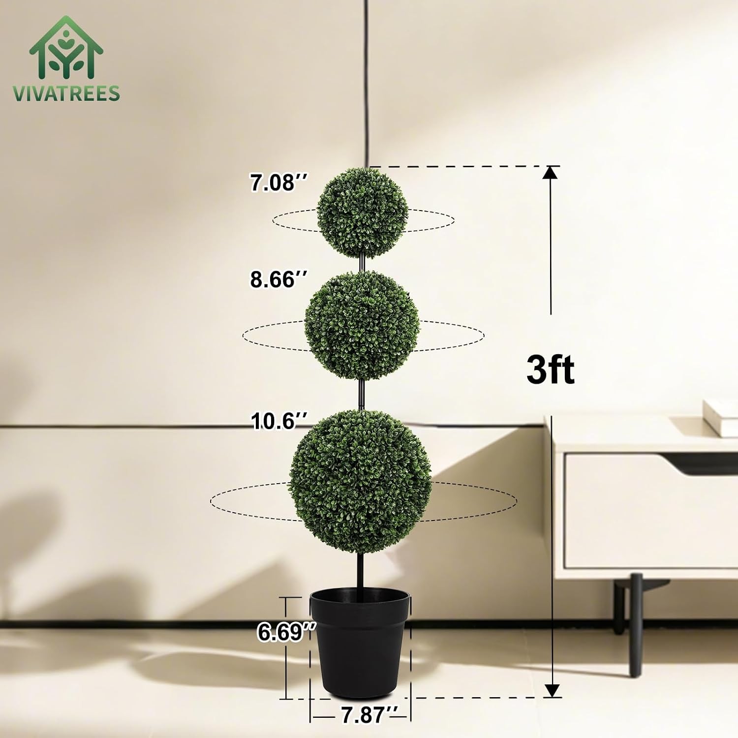 3FT UV-Resistant Artificial Triple Ball Boxwood Topiary Set of 2 All-Weather