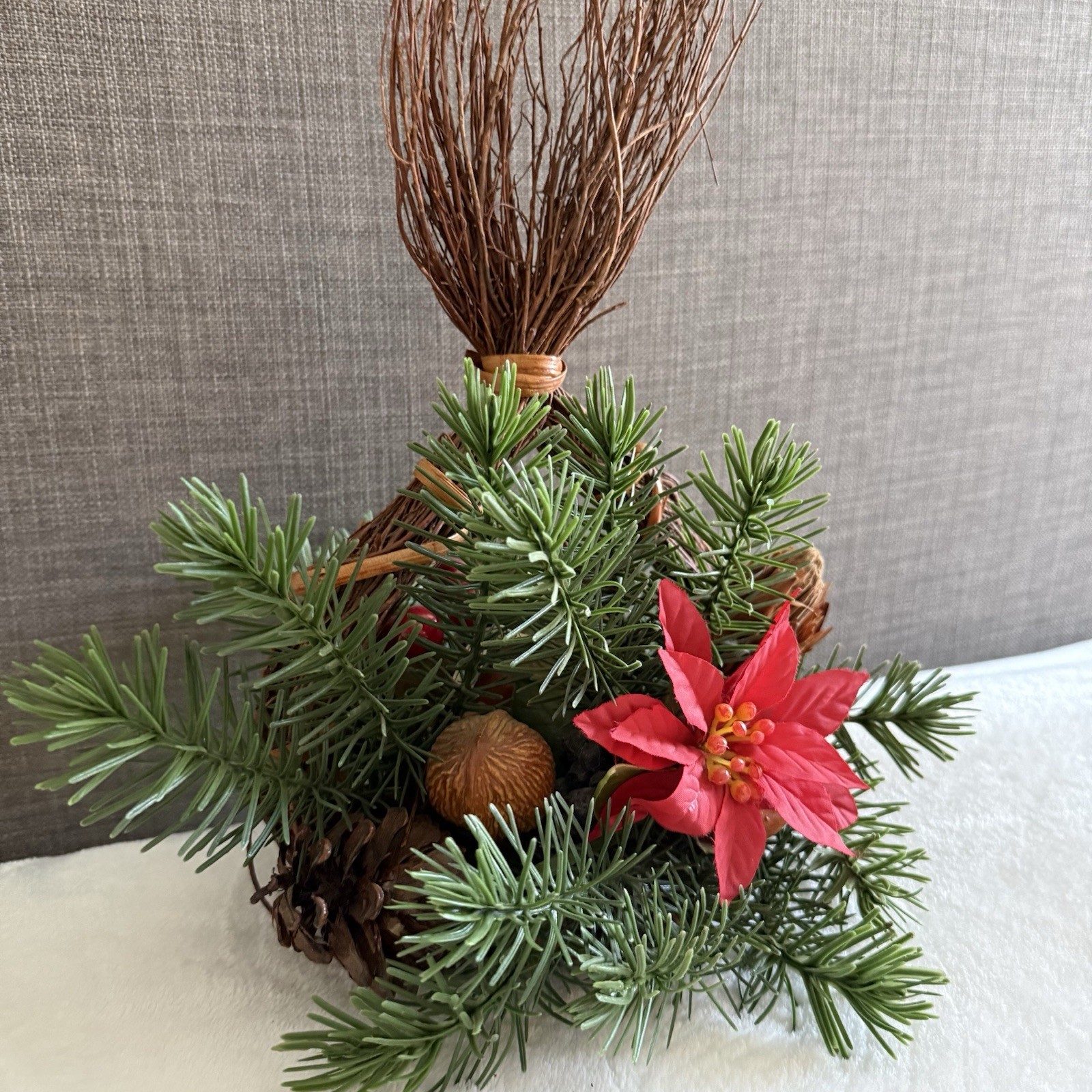 Artificial Christmas Centerpiece Table Top Decoration Poinsettia Nuts VTG Rustic